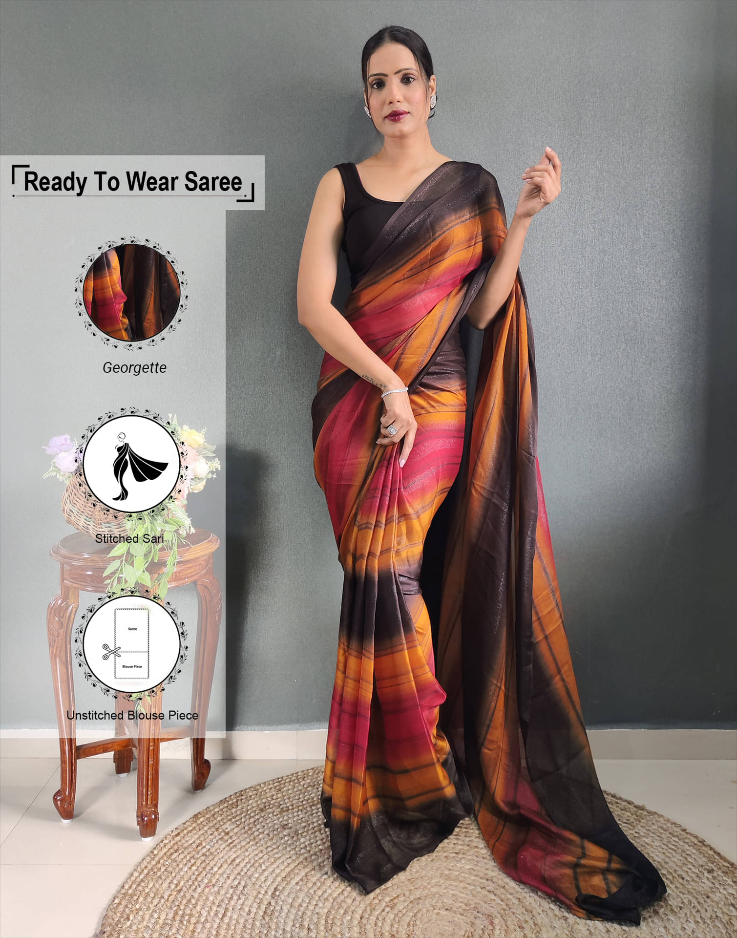     			Satrani Georgette Printed Ready to Wear Saree With Unstitched Blouse Piece ( Yellow )