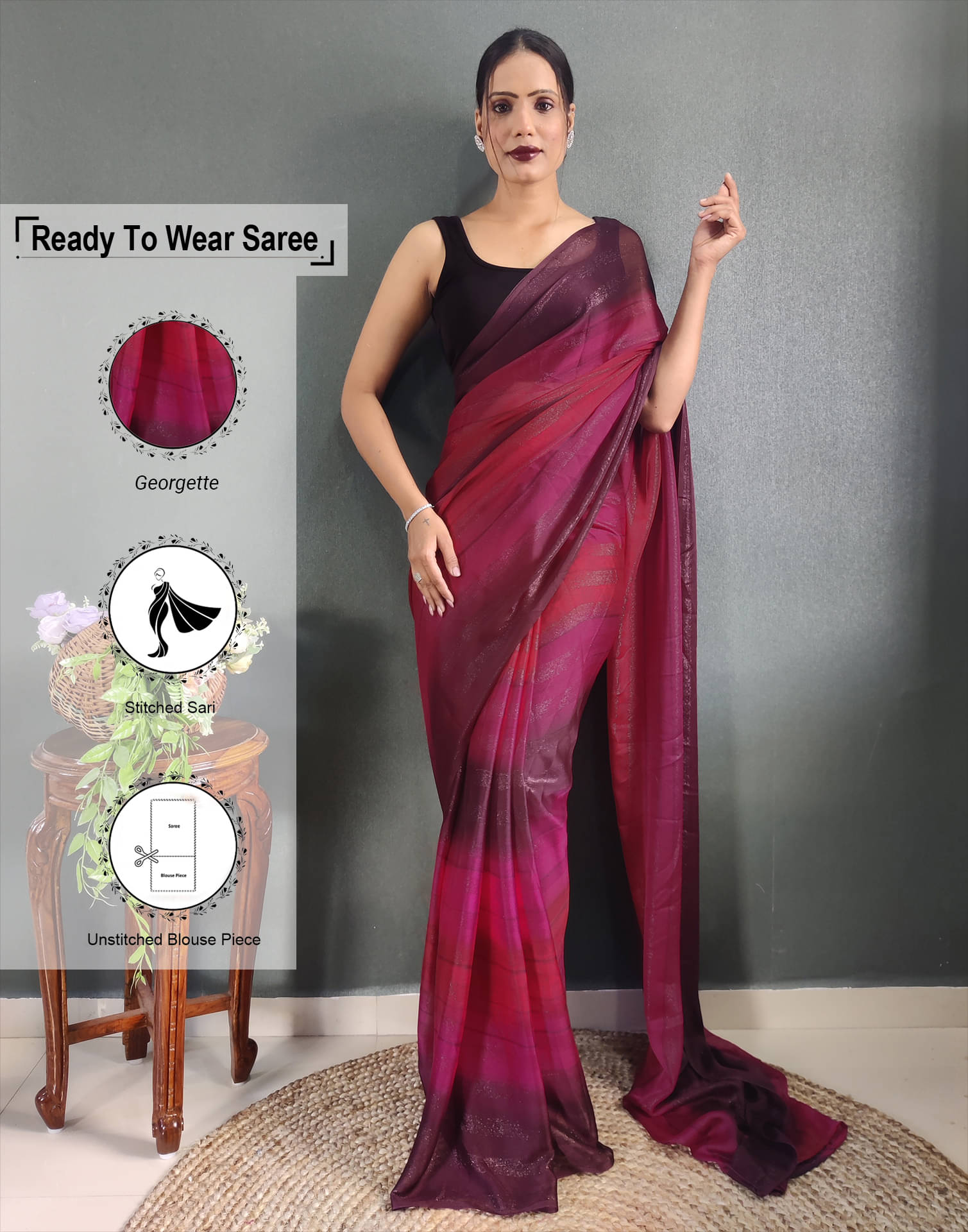     			Satrani Georgette Printed Ready to Wear Saree With Unstitched Blouse Piece ( Pink )