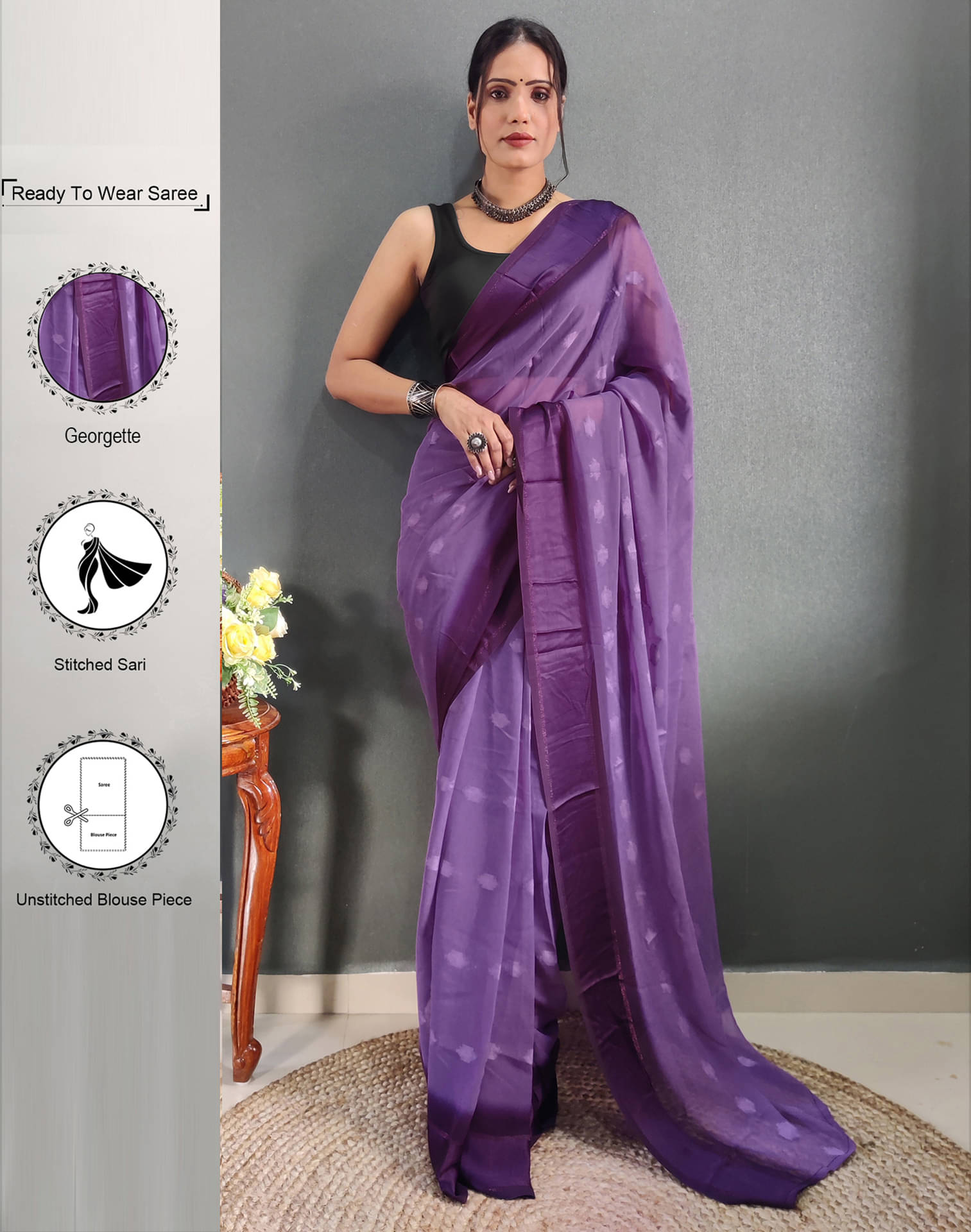     			Satrani Georgette Self Design Ready to Wear Saree With Unstitched Blouse Piece ( Purple )