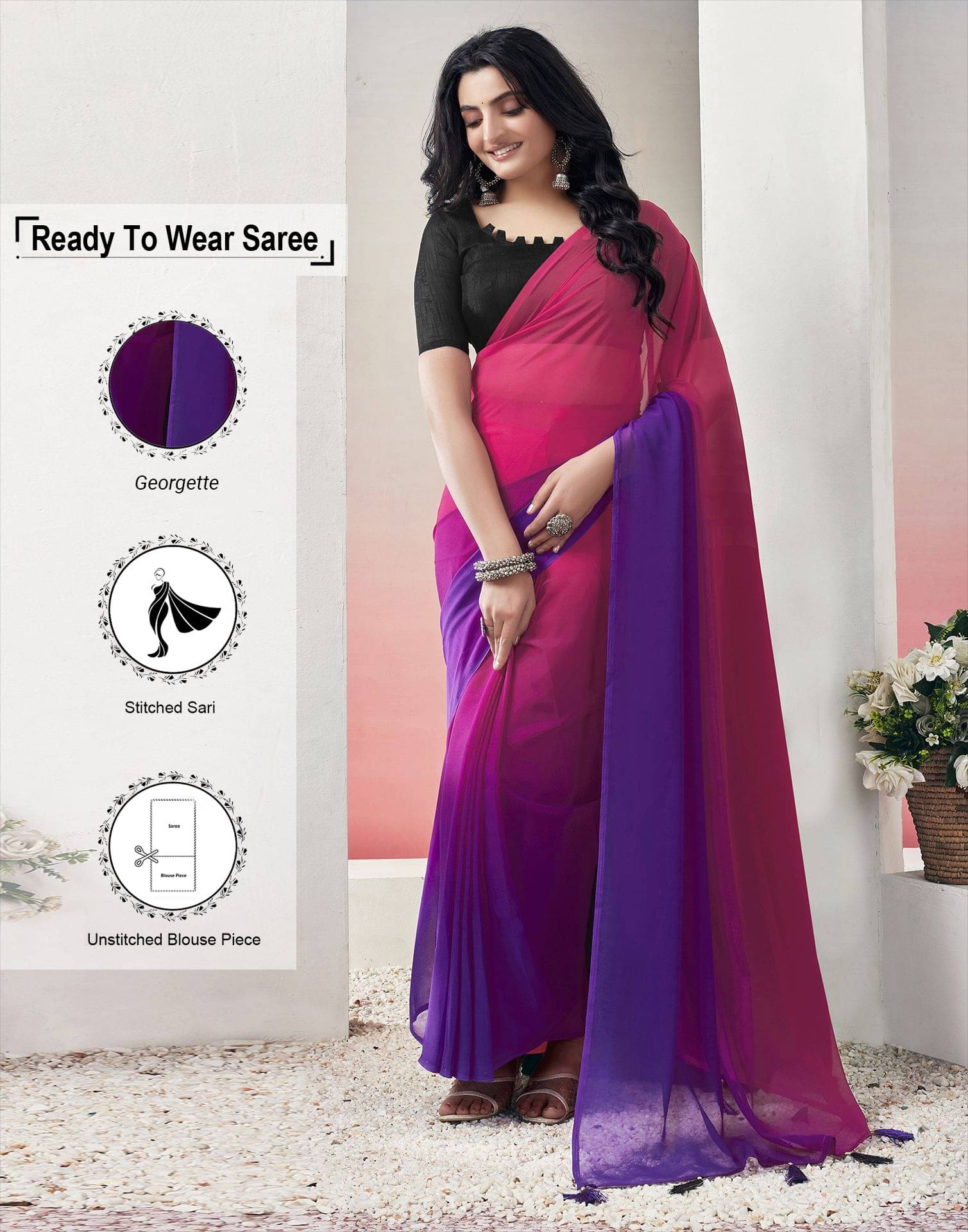     			Satrani Georgette Dyed Saree With Unstitched Blouse Piece ( Blue )