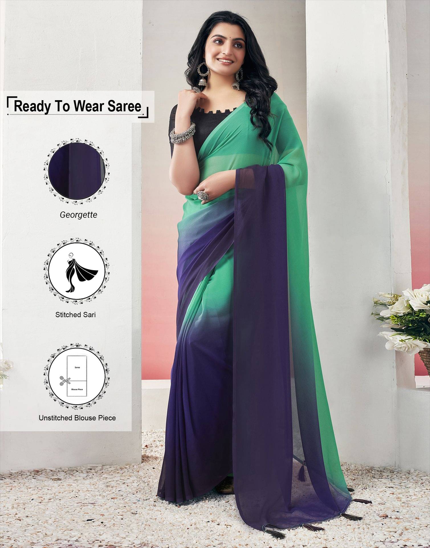     			Satrani Georgette Solid Saree With Unstitched Blouse Piece ( Teal )