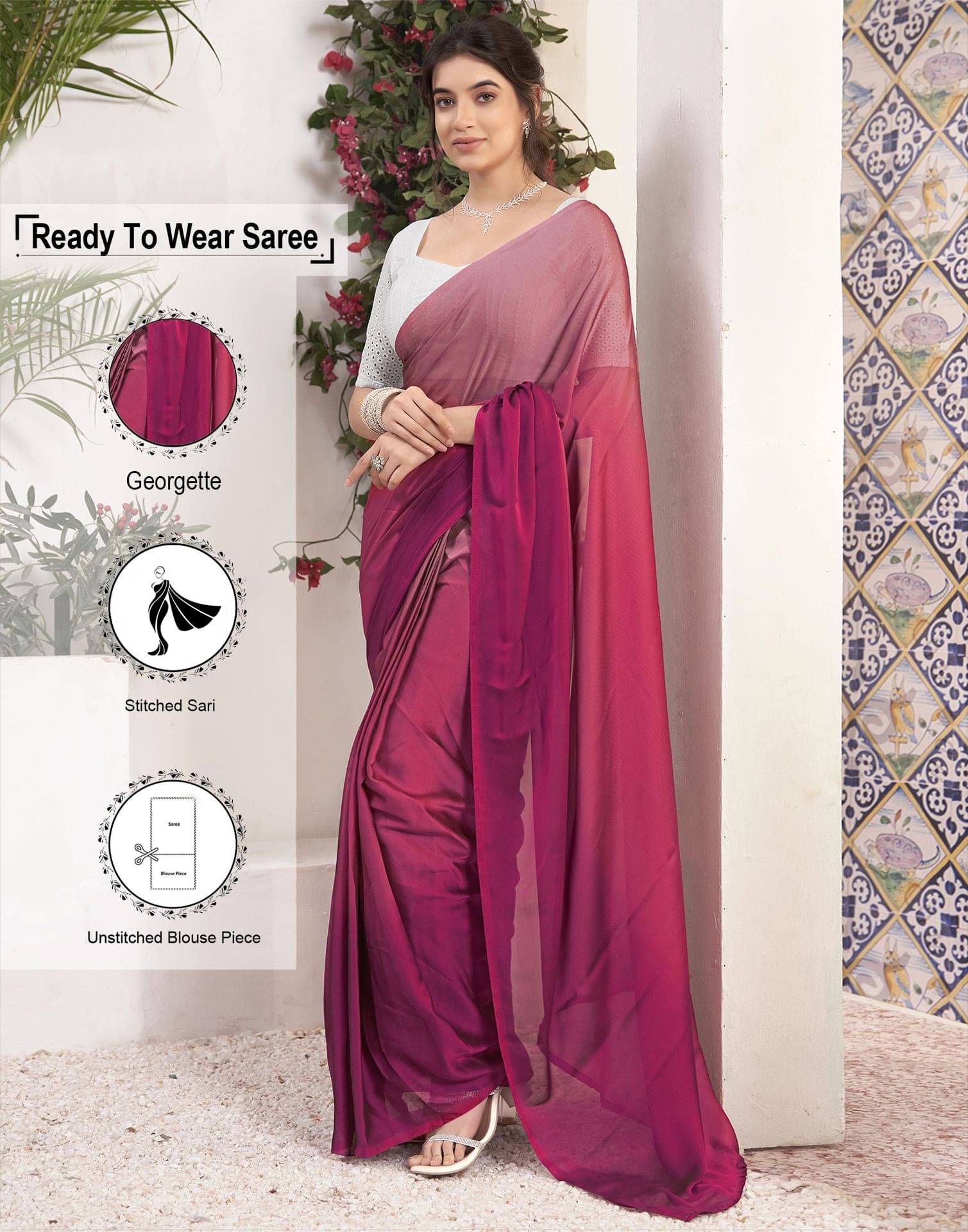 Satrani Georgette Solid Saree With Unstitched Blouse Piece ( Magenta ) Satrani Georgette Solid Saree With Unstitched Blouse Piece ( Magenta )