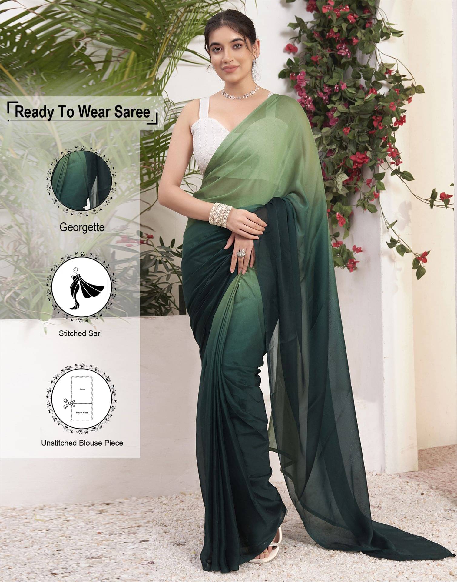     			Satrani Georgette Solid Ready to Wear Saree With Unstitched Blouse Piece ( Green )