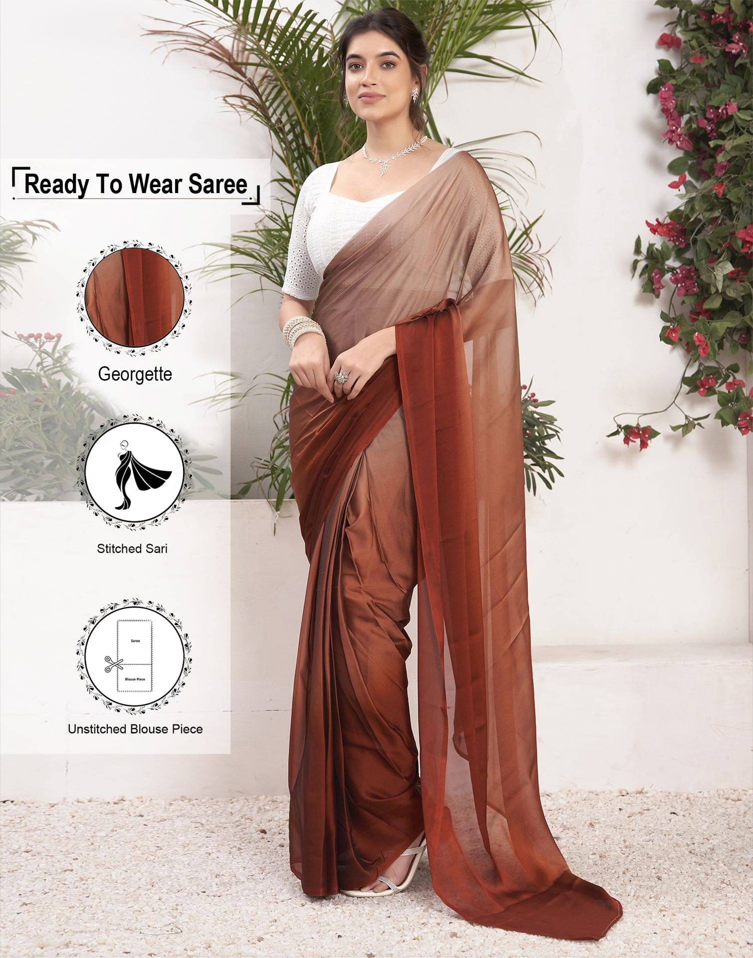     			Satrani Georgette Solid Ready to Wear Saree With Unstitched Blouse Piece ( Brown )
