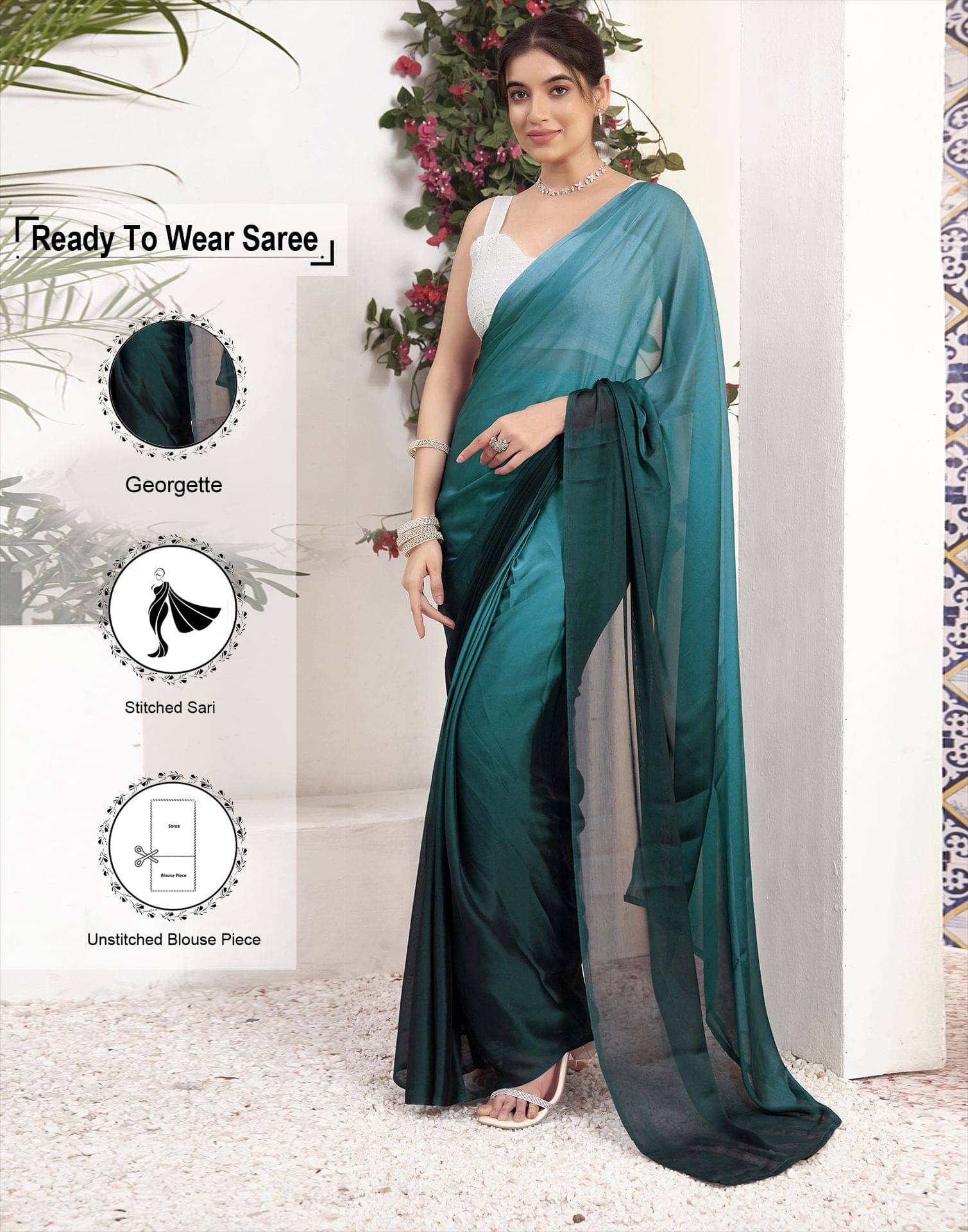 Satrani Georgette Solid Ready to Wear Saree With Unstitched Blouse Piece ( Green ) Satrani Georgette Solid Ready to Wear Saree With Unstitched Blouse Piece ( Green )