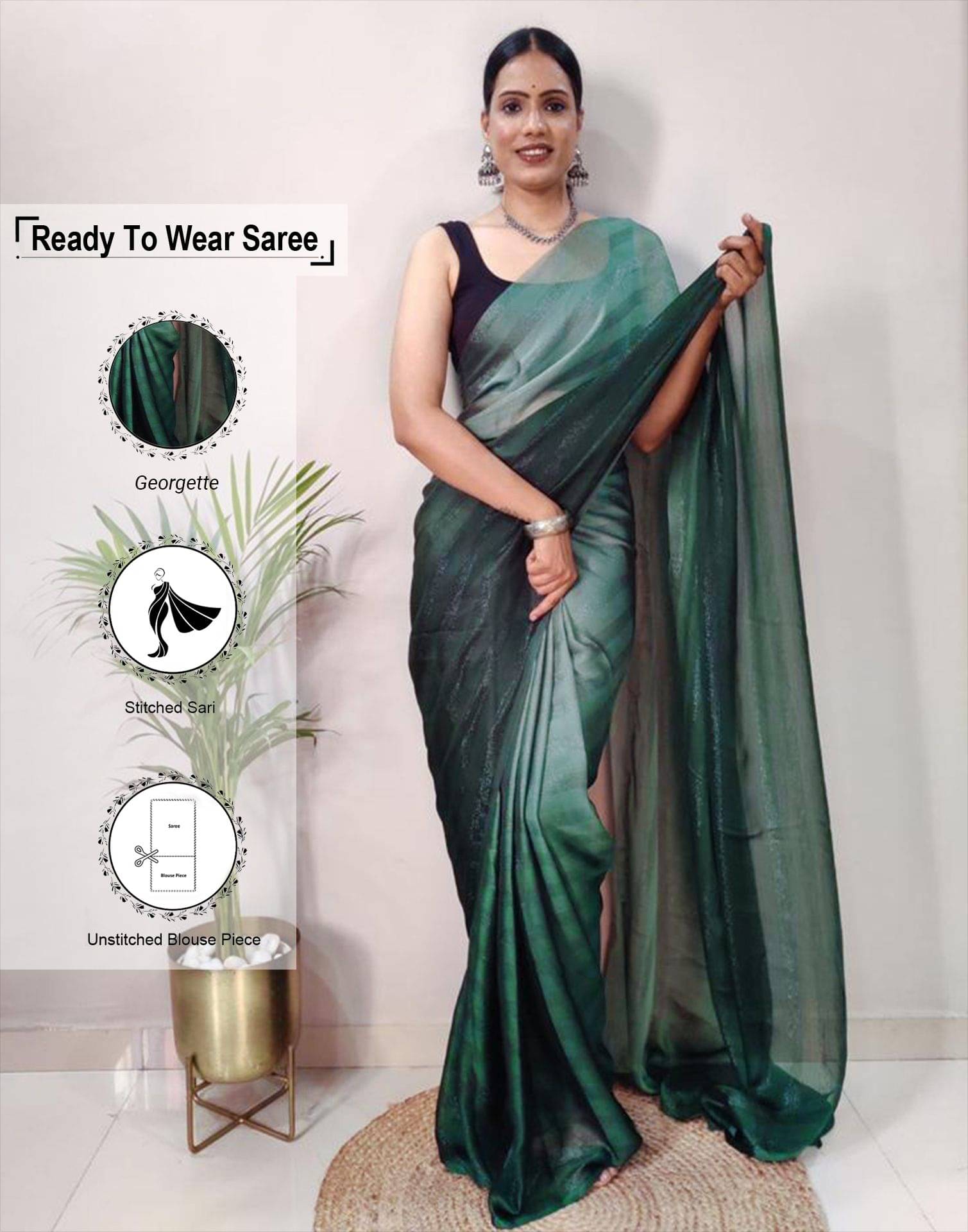 Satrani Georgette Solid Ready to Wear Saree With Unstitched Blouse Piece ( Green ) Satrani Georgette Solid Ready to Wear Saree With Unstitched Blouse Piece ( Green )