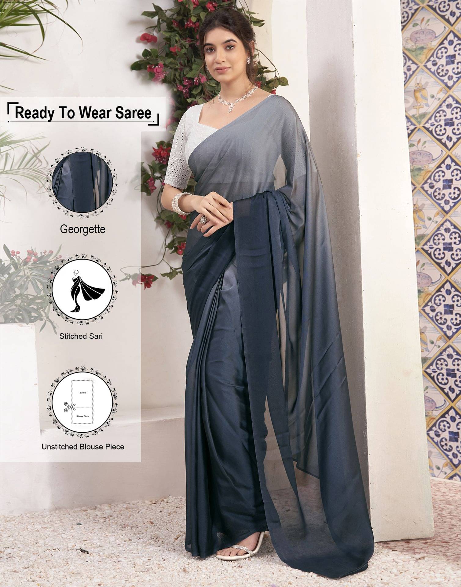 Satrani Georgette Solid Ready to Wear Saree With Unstitched Blouse Piece ( Blue ) Satrani Georgette Solid Ready to Wear Saree With Unstitched Blouse Piece ( Blue )