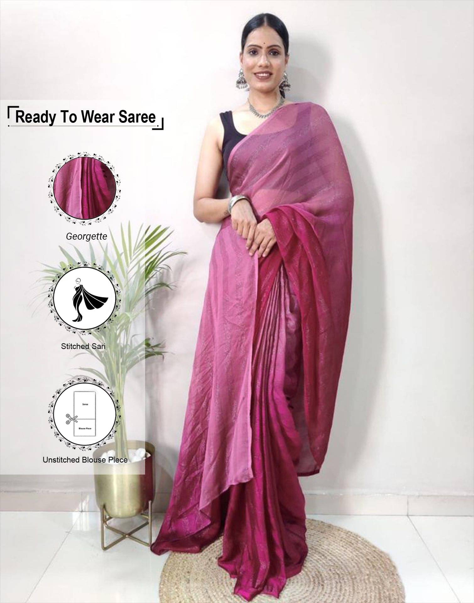     			Satrani Georgette Solid Ready to Wear Saree With Unstitched Blouse Piece ( Pink )