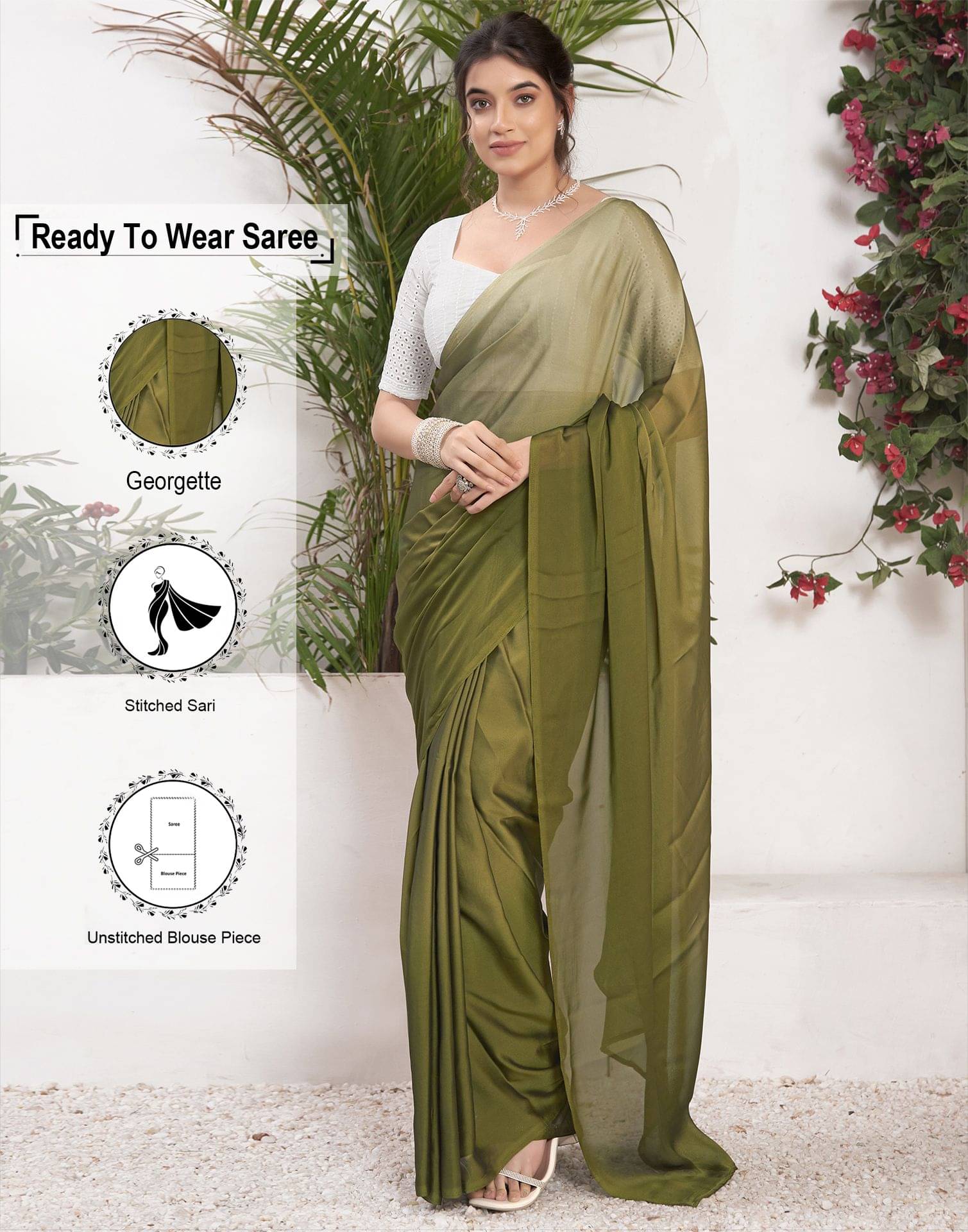     			Satrani Georgette Solid Ready to Wear Saree With Unstitched Blouse Piece ( Olive )