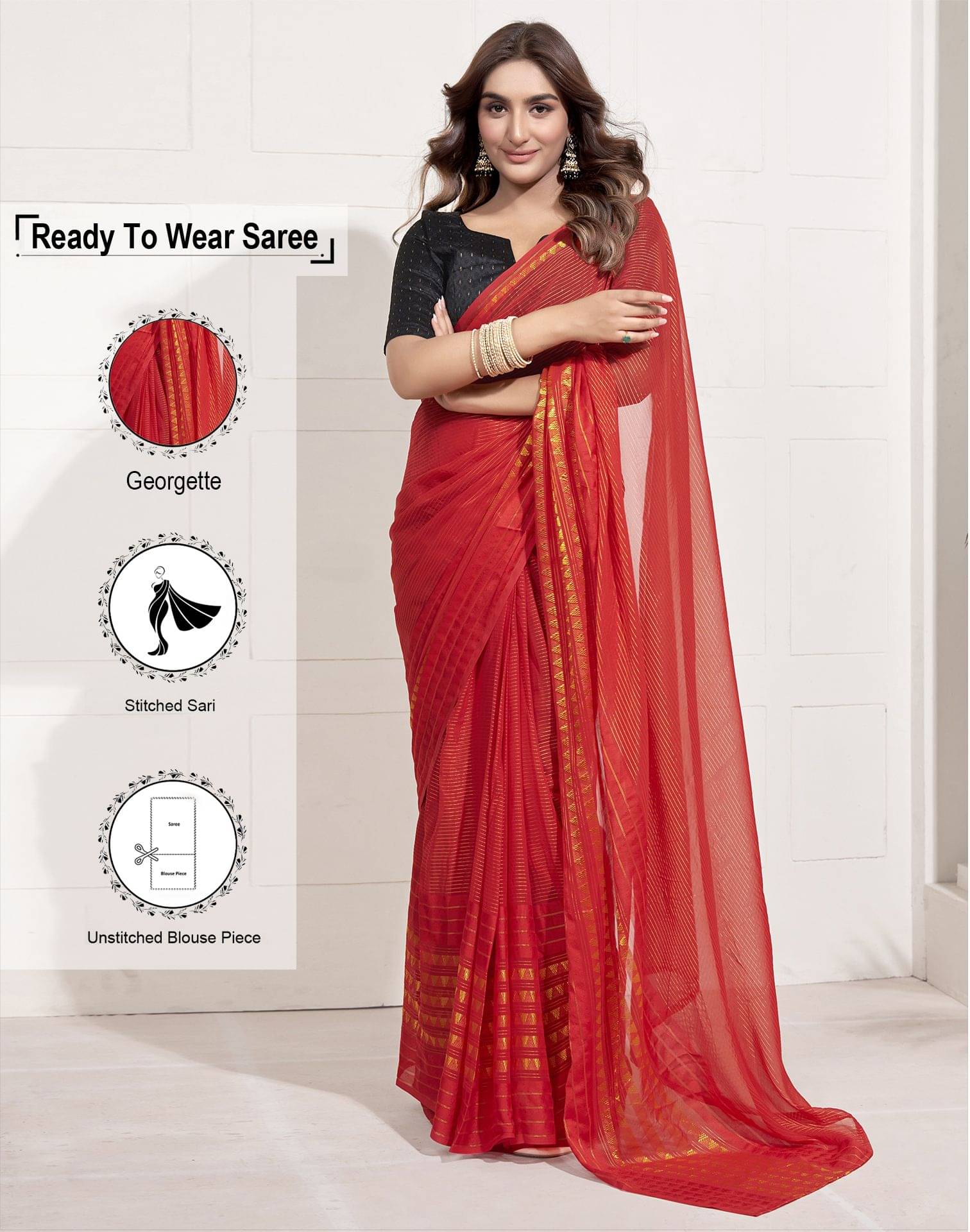     			Satrani Georgette Striped Ready to Wear Saree With Unstitched Blouse Piece ( Red )