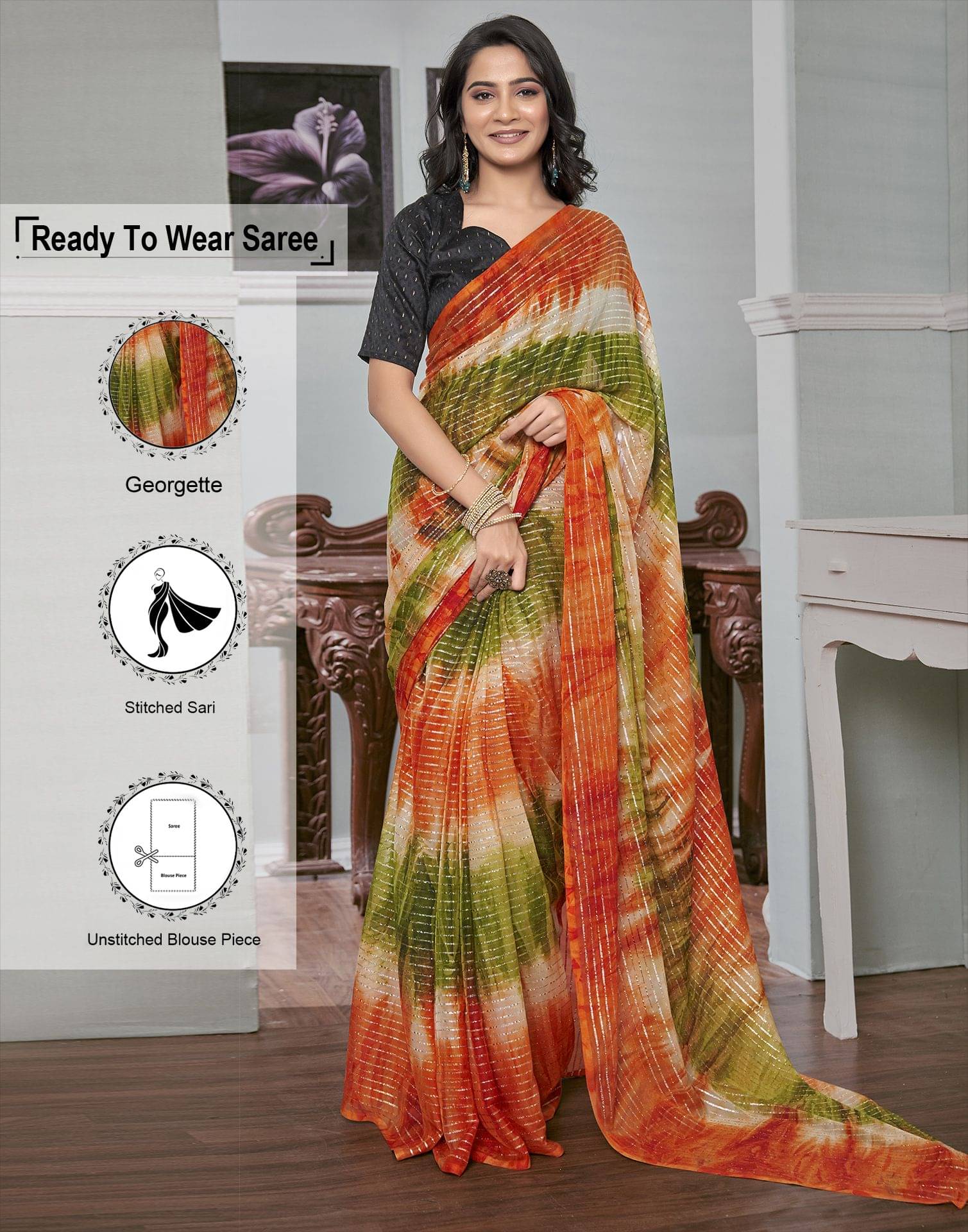     			Satrani Georgette Striped Ready to Wear Saree With Unstitched Blouse Piece ( Orange )