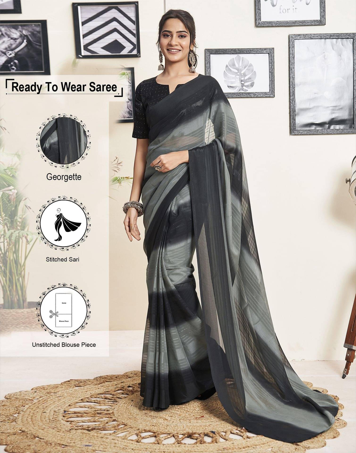     			Satrani Georgette Striped Ready to Wear Saree With Unstitched Blouse Piece ( Black )