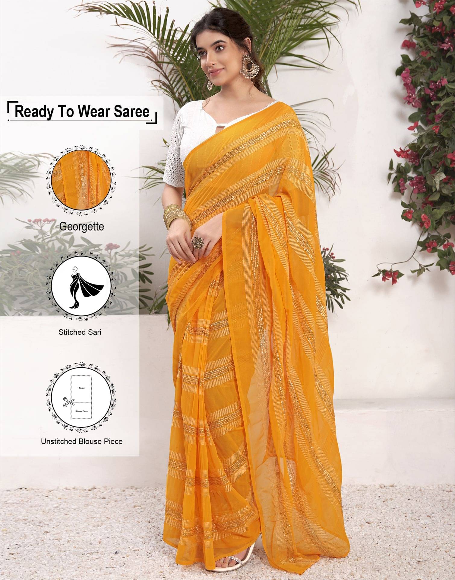     			Satrani Georgette Striped Ready to Wear Saree With Unstitched Blouse Piece ( Yellow )