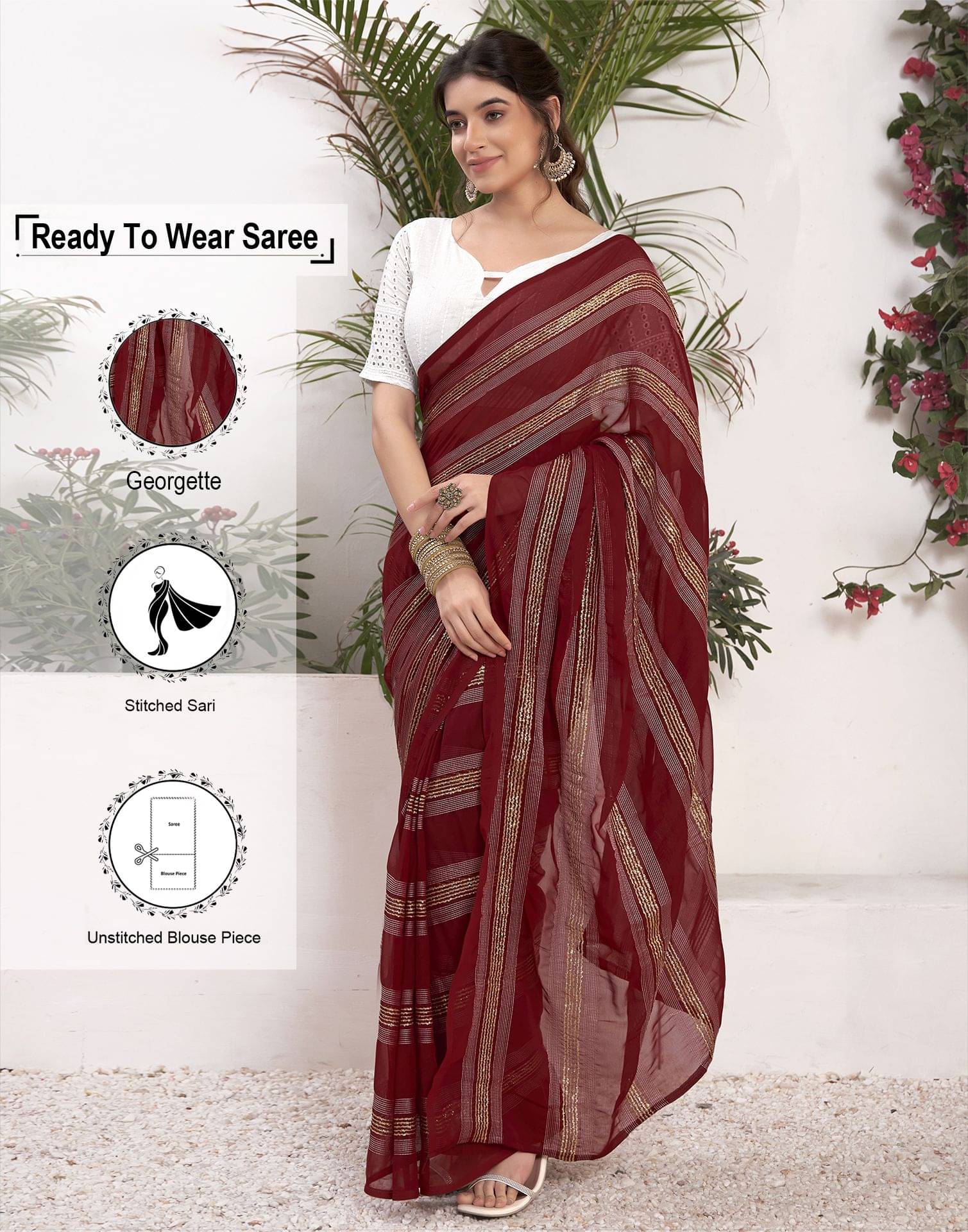 Satrani Georgette Striped Saree With Unstitched Blouse Piece ( Maroon ) Satrani Georgette Striped Saree With Unstitched Blouse Piece ( Maroon )