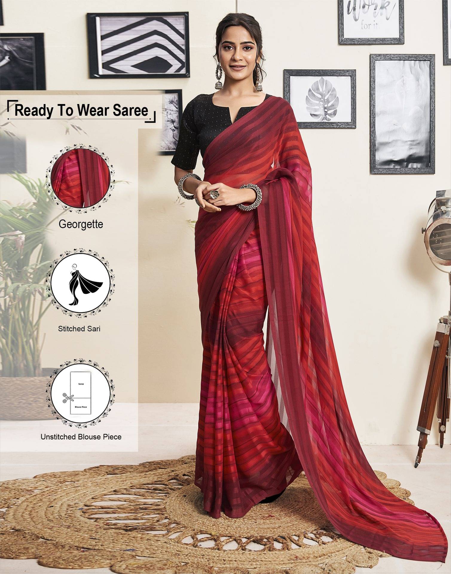     			Satrani Georgette Striped Ready to Wear Saree With Unstitched Blouse Piece ( Maroon )