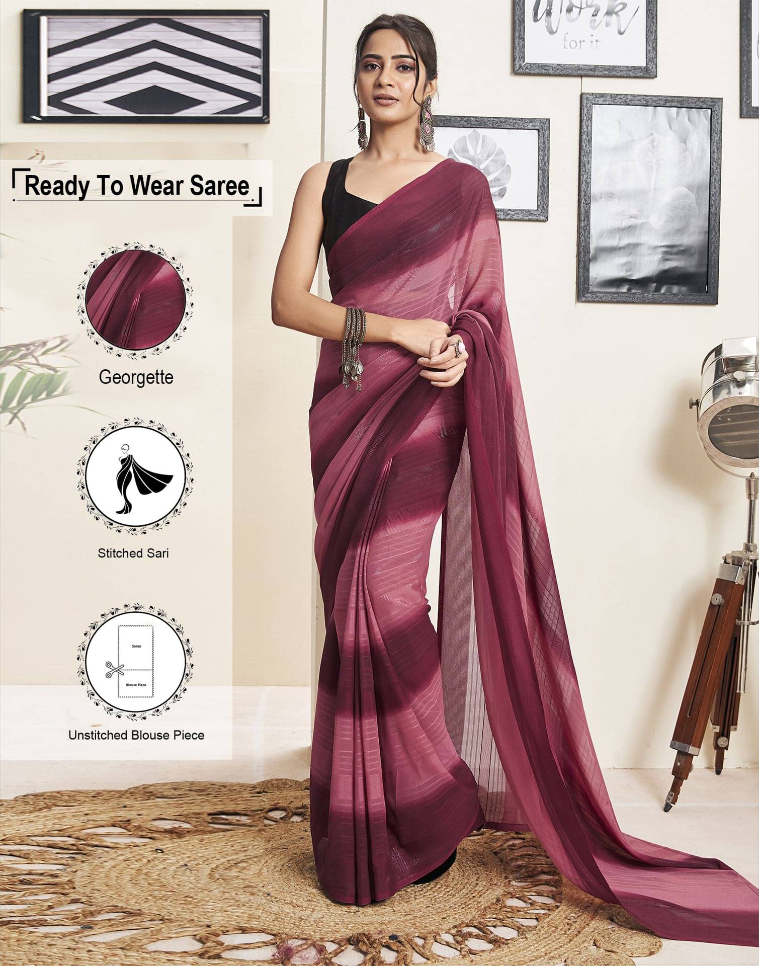 Satrani Georgette Striped Saree With Unstitched Blouse Piece ( Maroon ) Satrani Georgette Striped Saree With Unstitched Blouse Piece ( Maroon )