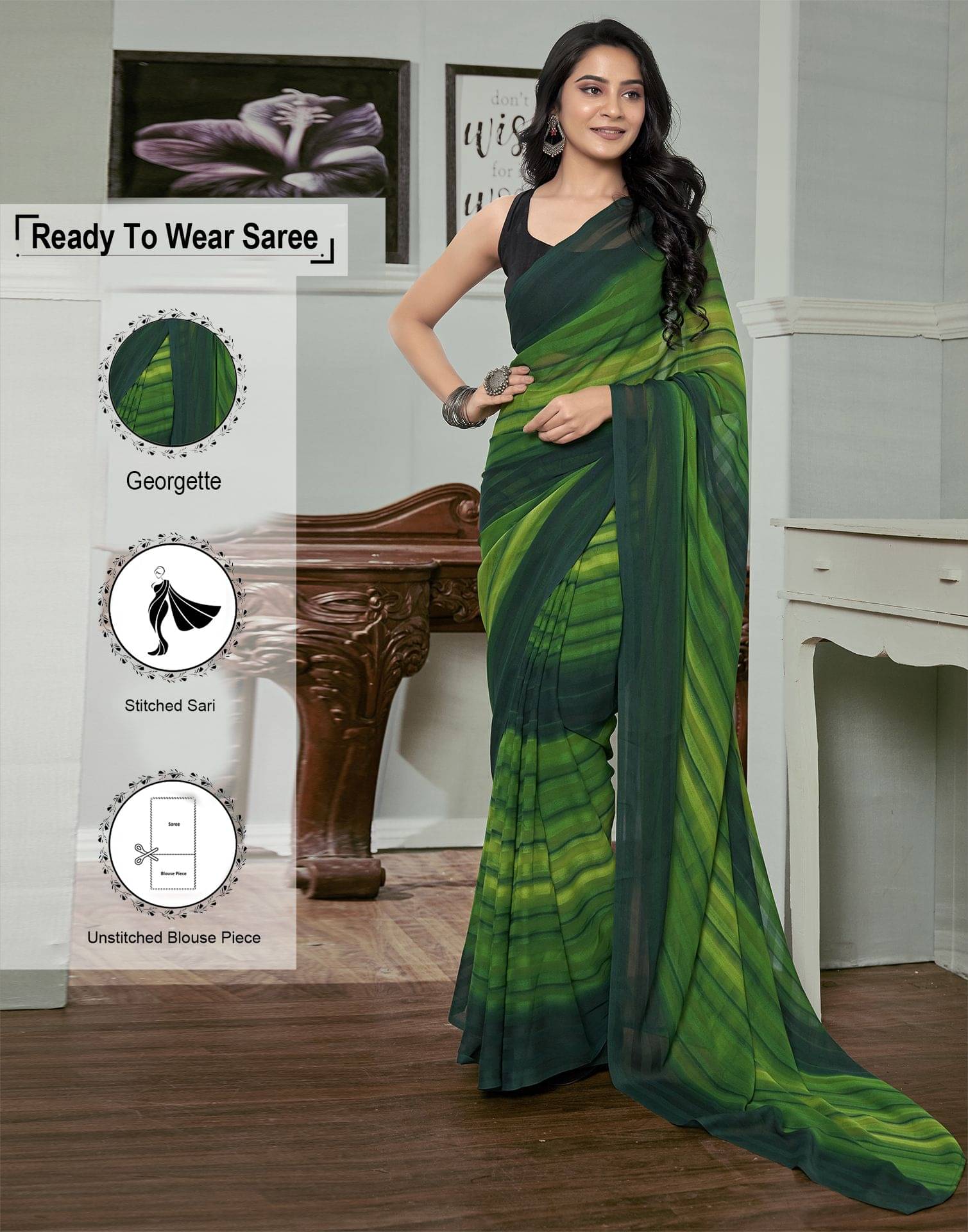     			Satrani Georgette Striped Ready to Wear Saree With Unstitched Blouse Piece ( Green )