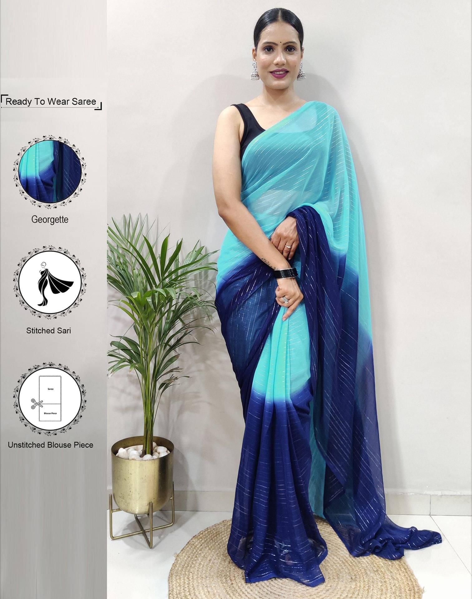 Satrani Georgette Striped Ready to Wear Saree With Unstitched Blouse Piece ( Blue ) Satrani Georgette Striped Ready to Wear Saree With Unstitched Blouse Piece ( Blue )