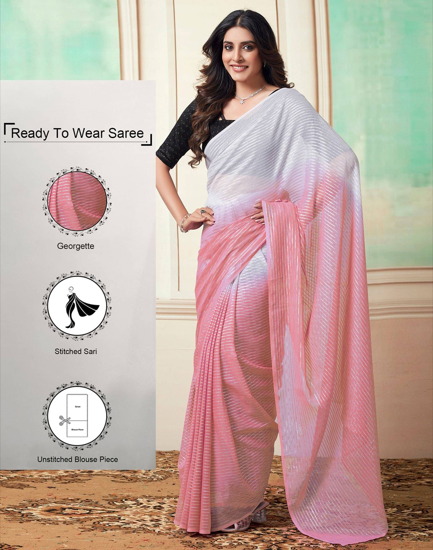 Satrani Georgette Woven Ready to Wear Saree With Unstitched Blouse Piece ( Pink ) Satrani Georgette Woven Ready to Wear Saree With Unstitched Blouse Piece ( Pink )