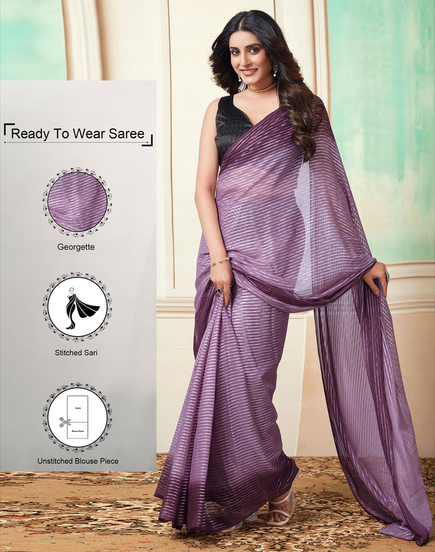 Satrani Georgette Woven Ready to Wear Saree With Unstitched Blouse Piece ( Purple ) Satrani Georgette Woven Ready to Wear Saree With Unstitched Blouse Piece ( Purple )