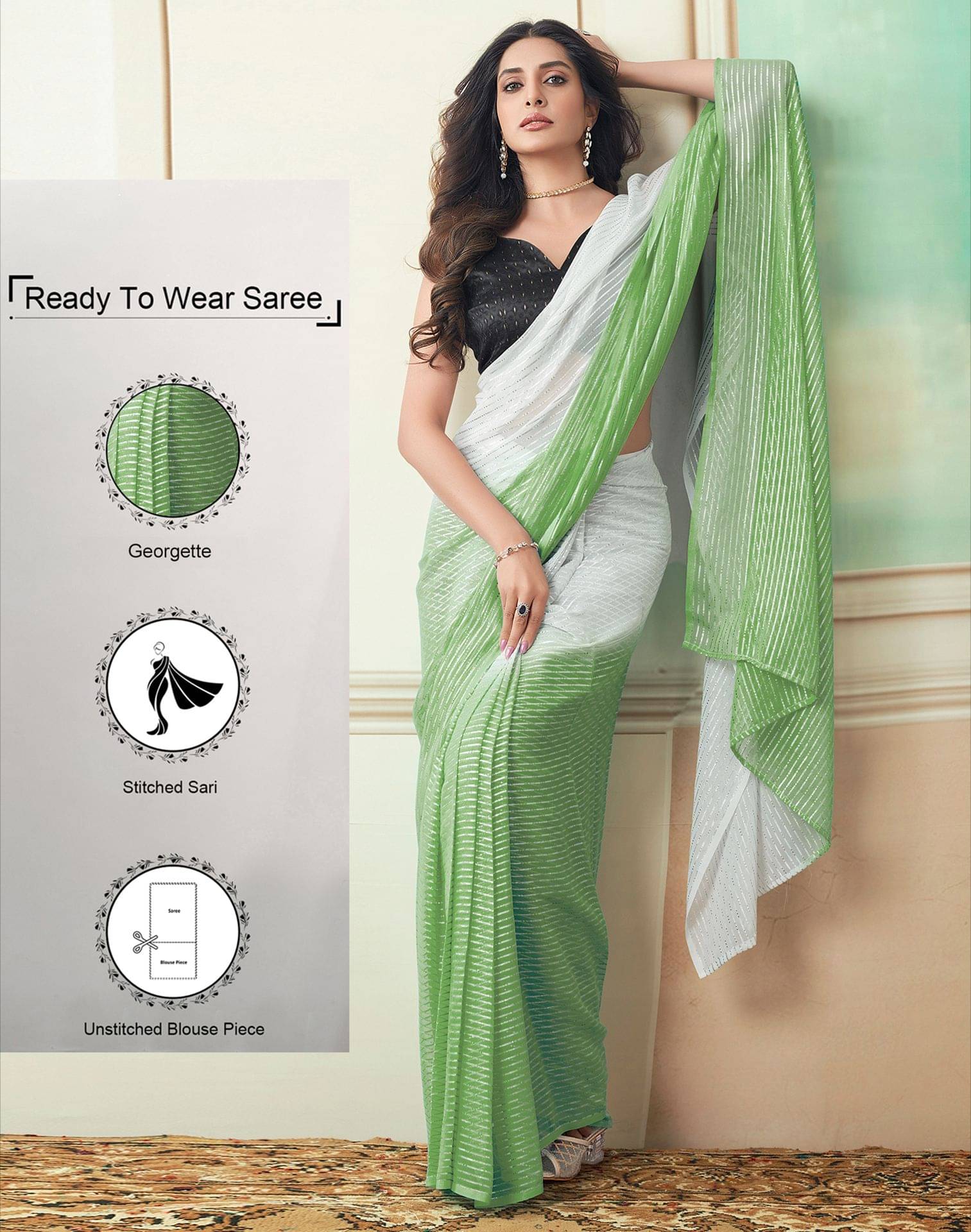     			Satrani Georgette Woven Ready to Wear Saree With Unstitched Blouse Piece ( Green )