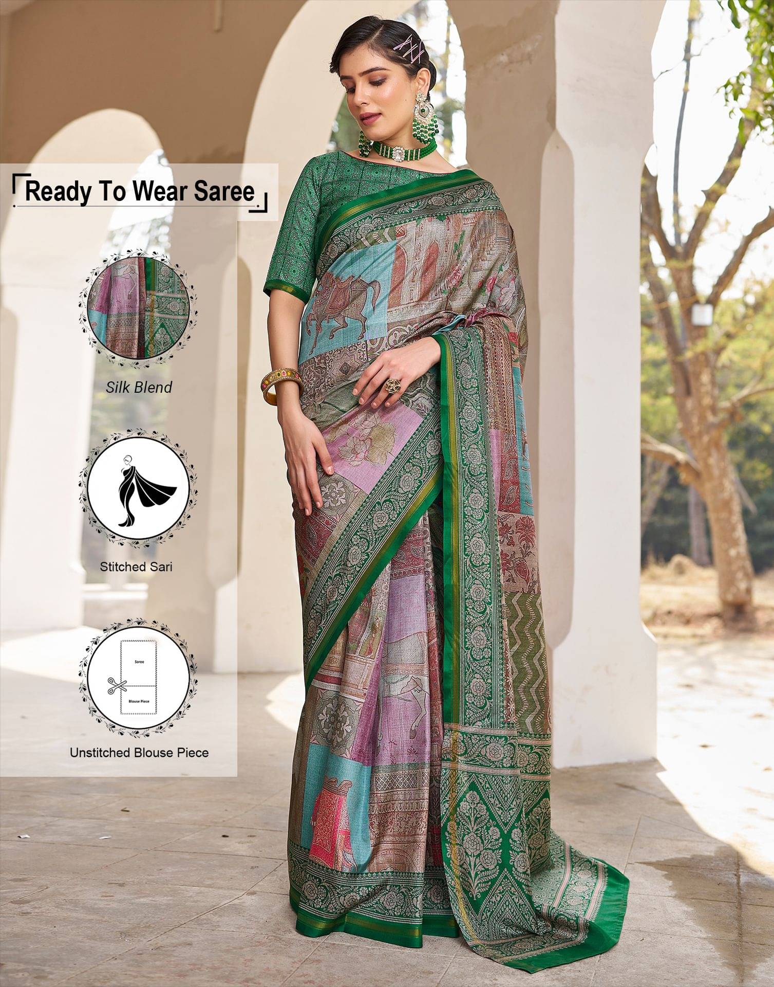 Satrani Silk Blend Printed Ready to Wear Saree With Unstitched Blouse Piece ( Pink ) Satrani Silk Blend Printed Ready to Wear Saree With Unstitched Blouse Piece ( Pink )