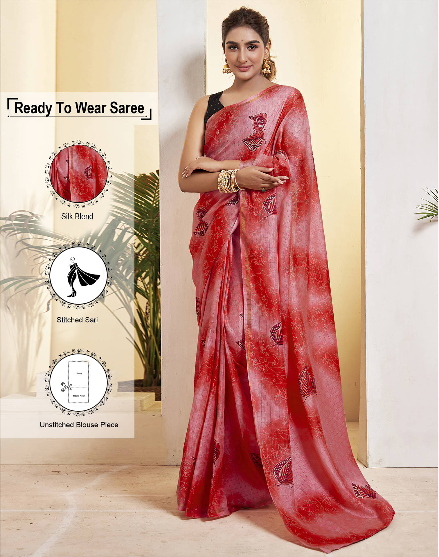 Satrani Silk Blend Woven Ready to Wear Saree With Unstitched Blouse Piece ( Red )     			Satrani Silk Blend Woven Ready to Wear Saree With Unstitched Blouse Piece ( Red )