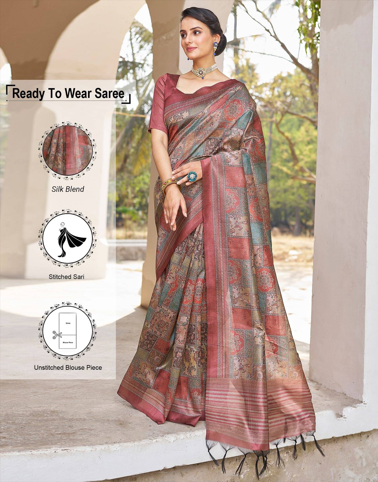Satrani Silk Printed Ready to Wear Saree With Unstitched Blouse Piece ( Rust ) Satrani Silk Printed Ready to Wear Saree With Unstitched Blouse Piece ( Rust )