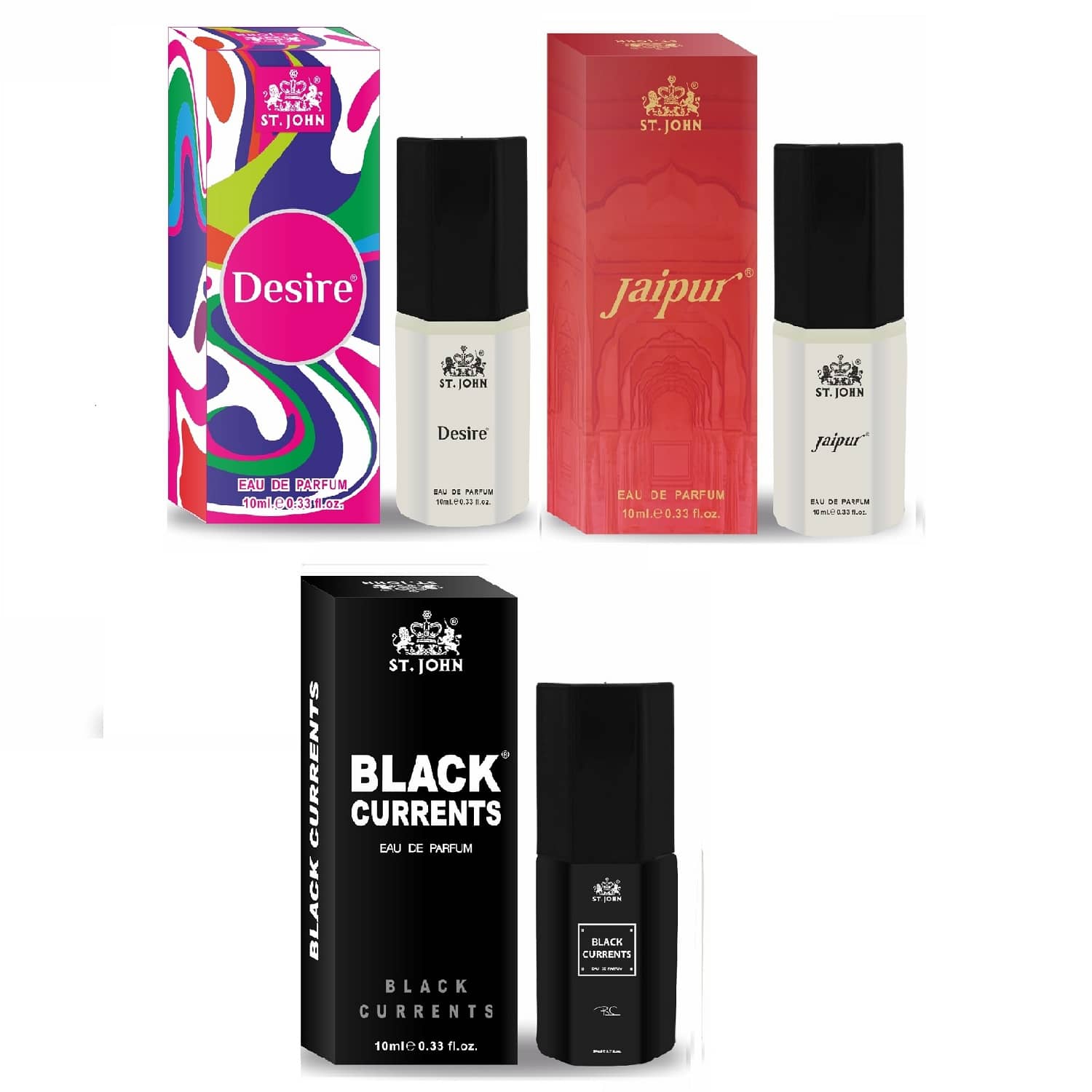 St. John Desire, Jaipur & Black Current Pocket Perfume for Men 10 ml Each (Pack of 3)