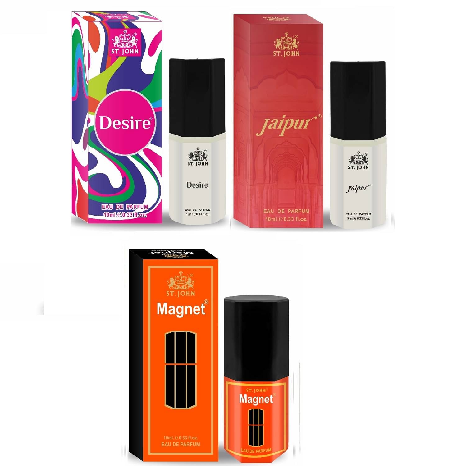 St. John Desire 10ml, Jaipur 10ml, Magnet 10ml Pocket Perfume for Men 10 ml ( Pack of 3 ) St. John Desire 10ml, Jaipur 10ml, Magnet 10ml Pocket Perfume for Men 10 ml ( Pack of 3 )