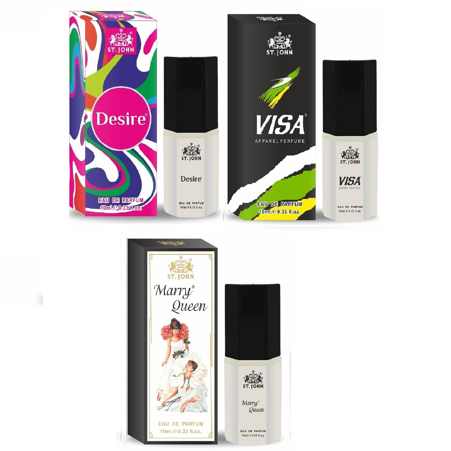 St. John Desire & Visa & Marry queen 10ml each Pocket Perfume for Men 10 ml ( Pack of 3 ) St. John Desire & Visa & Marry queen 10ml each Pocket Perfume for Men 10 ml ( Pack of 3 )