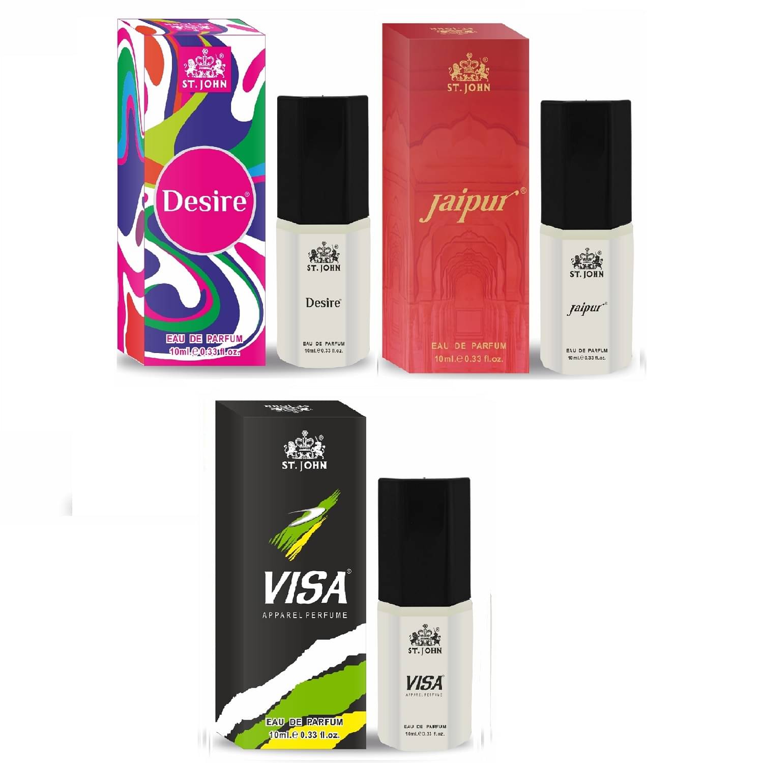     			St. John Desire & Jaipur & Visa 10ml each Pocket Perfume for Men 10 ml ( Pack of 3 )