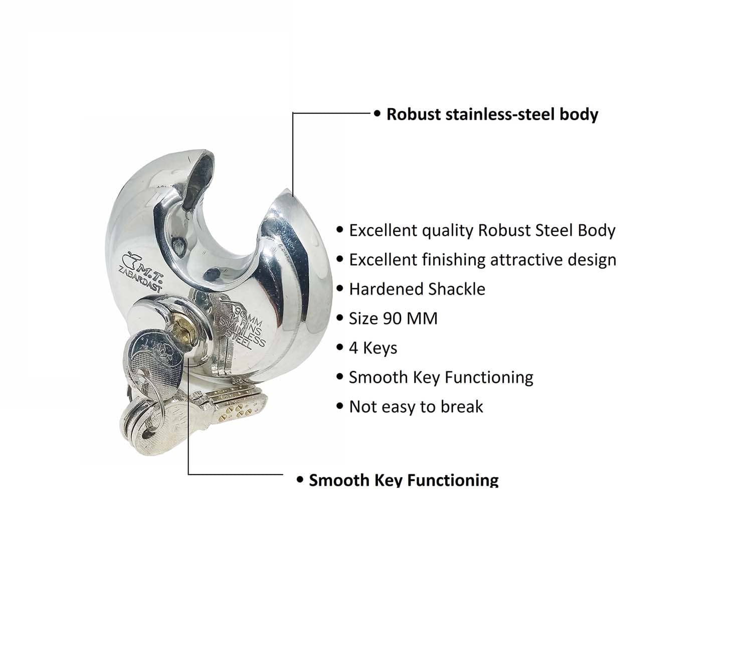 Unikkus zabardast stainless steel made heavy round DISC lock for shutter home door shop house and multipurpose, Size 90 MM with 4 keys