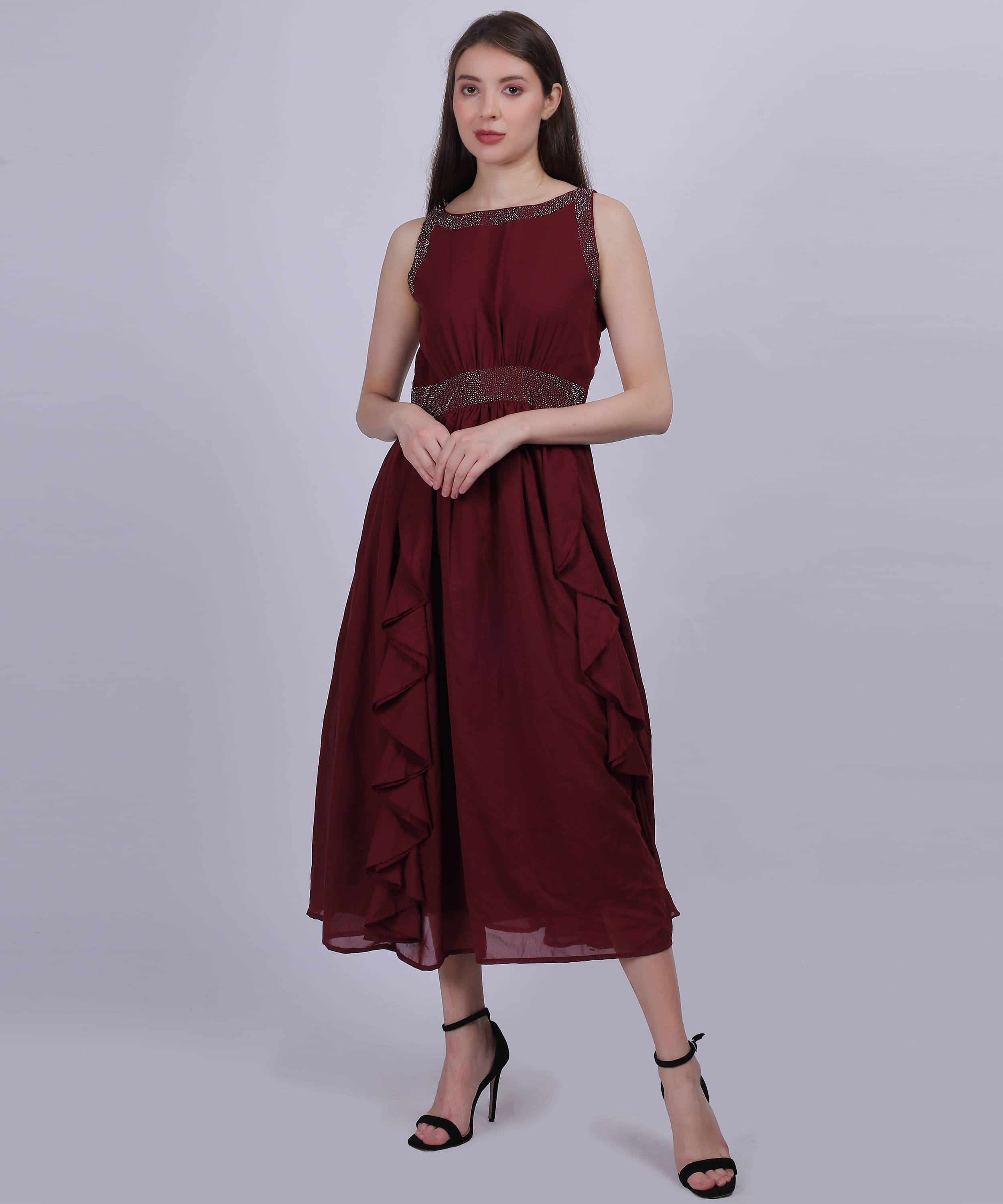     			aumbe Women Chiffon Embellished Fit & Flare Dress ( Maroon )