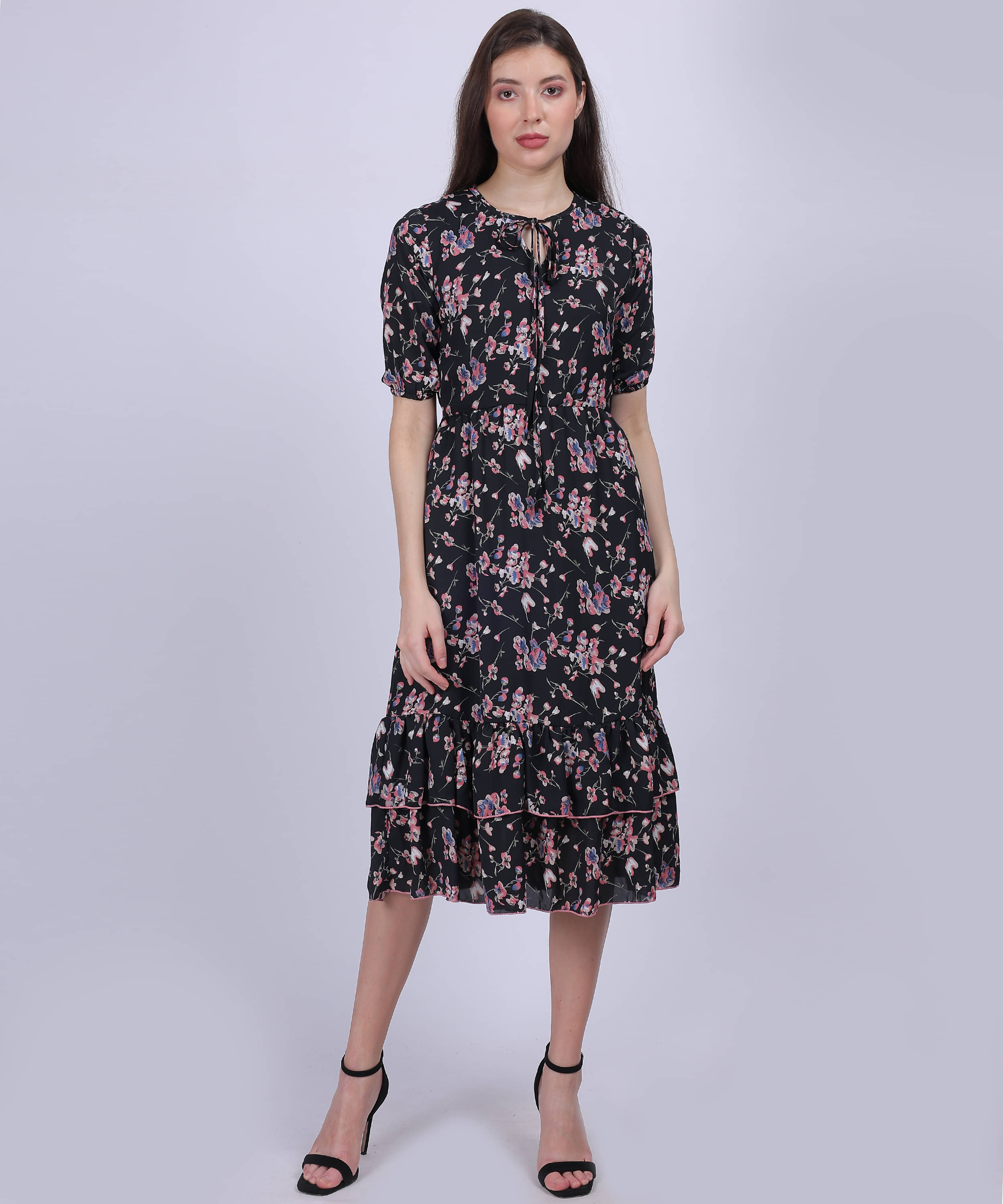     			aumbe Women Lycra Printed Fit & Flare Dress ( Black )