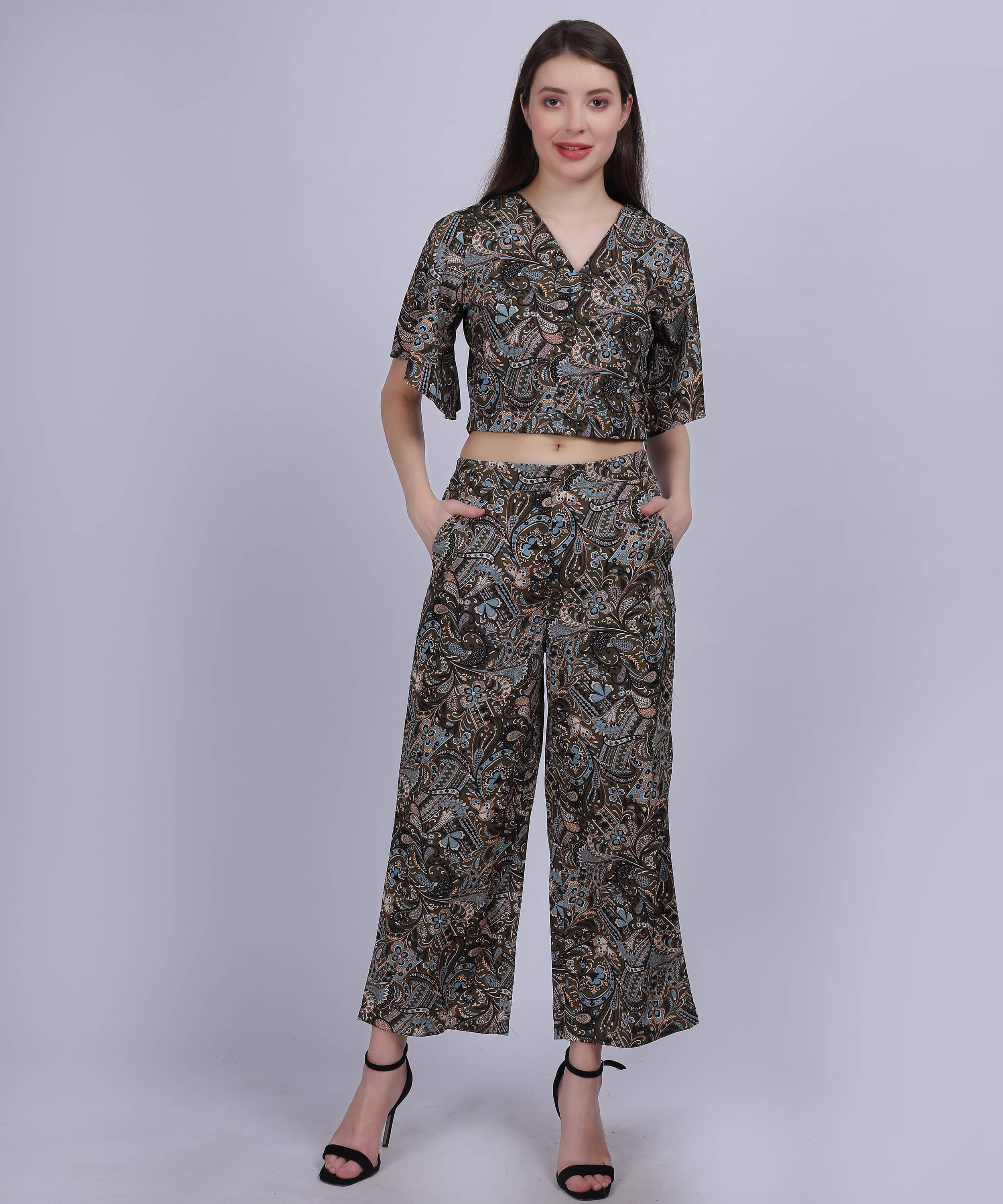     			aumbe Women Printed Top With Trousers Co-Ord Set ( Olive )