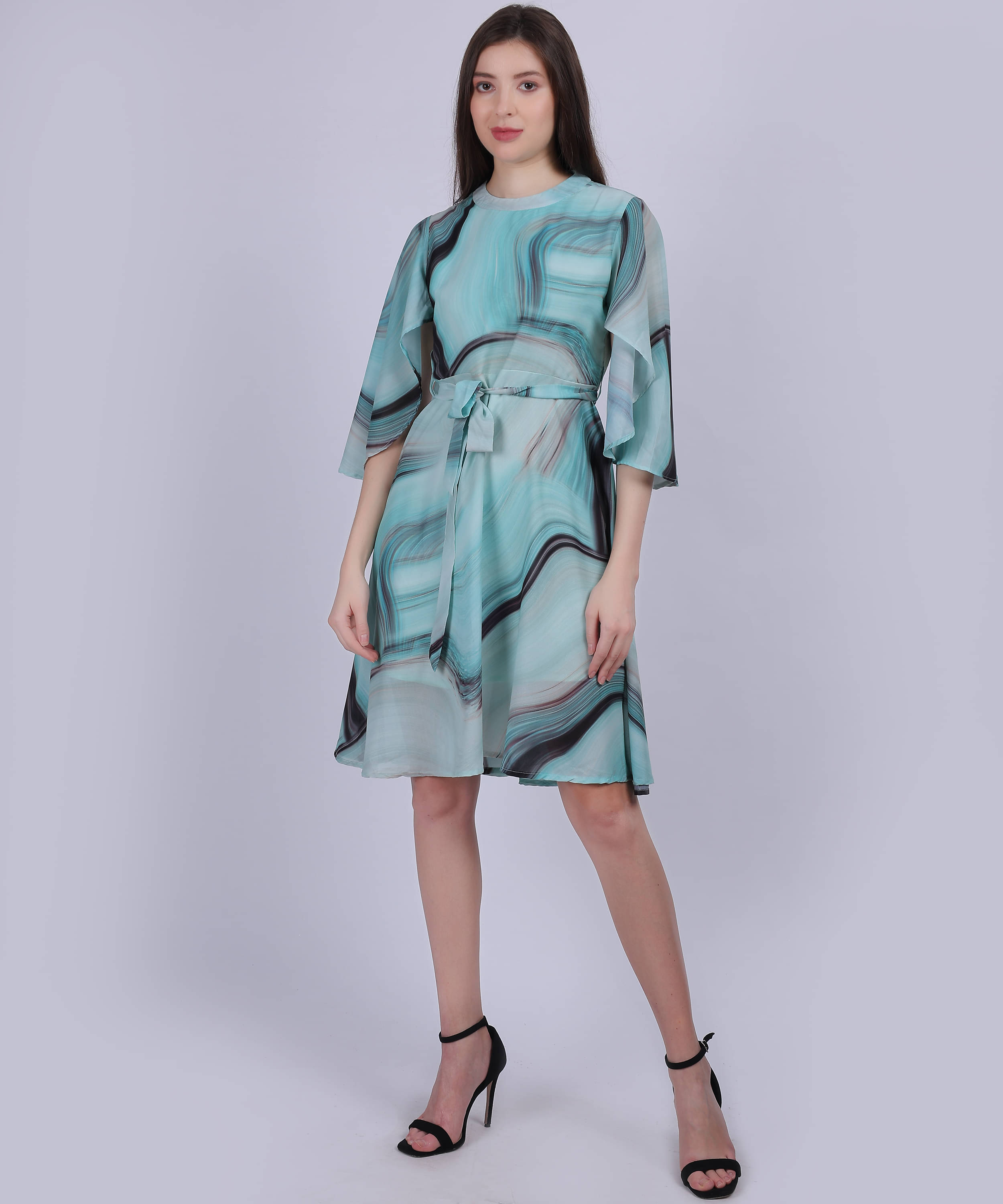 aumbe Women Polyester Dyed A-line Dress ( Green )     			aumbe Women Polyester Dyed A-line Dress ( Green )