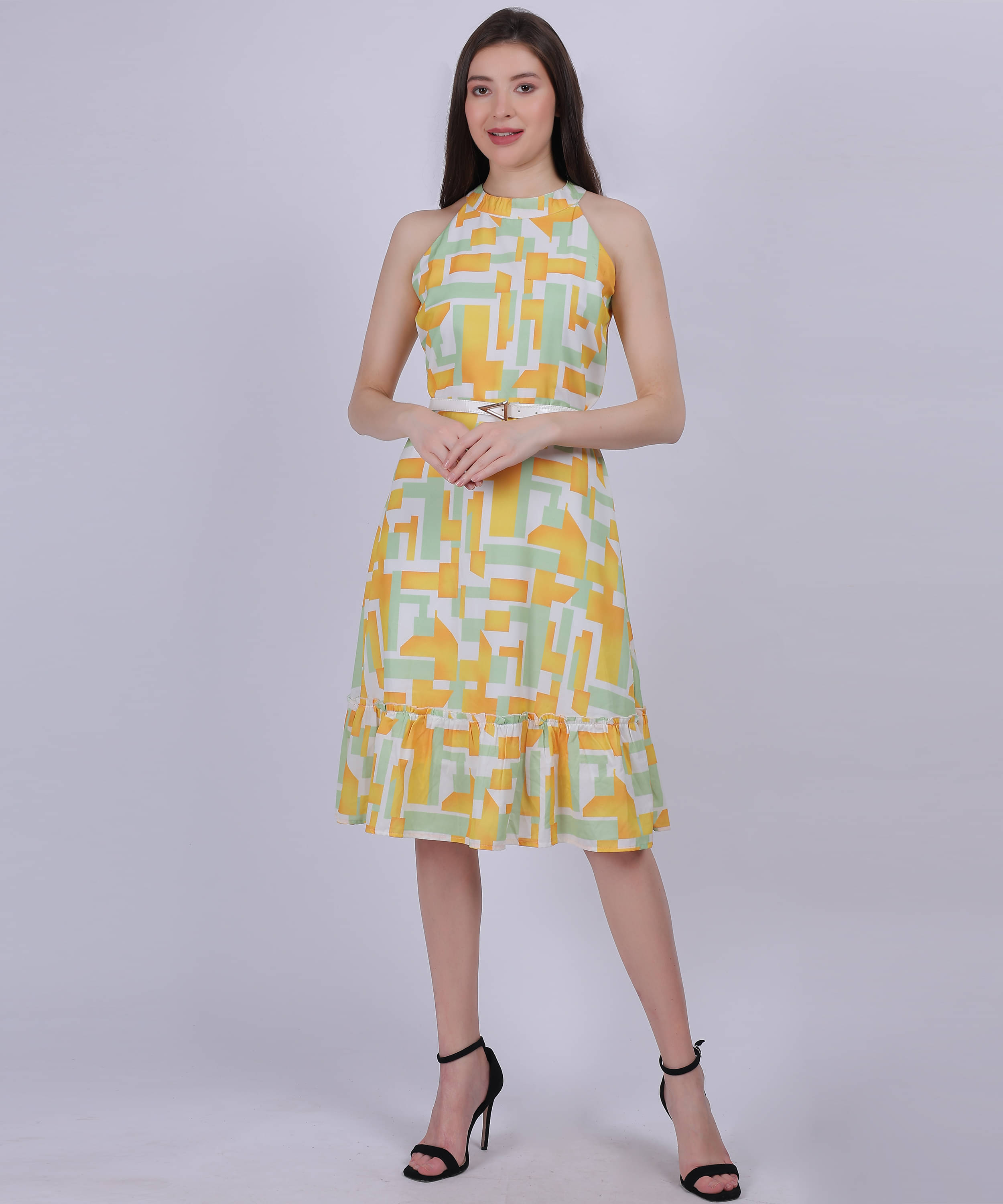     			aumbe Women Polyester Printed Fit & Flare Dress ( Green )