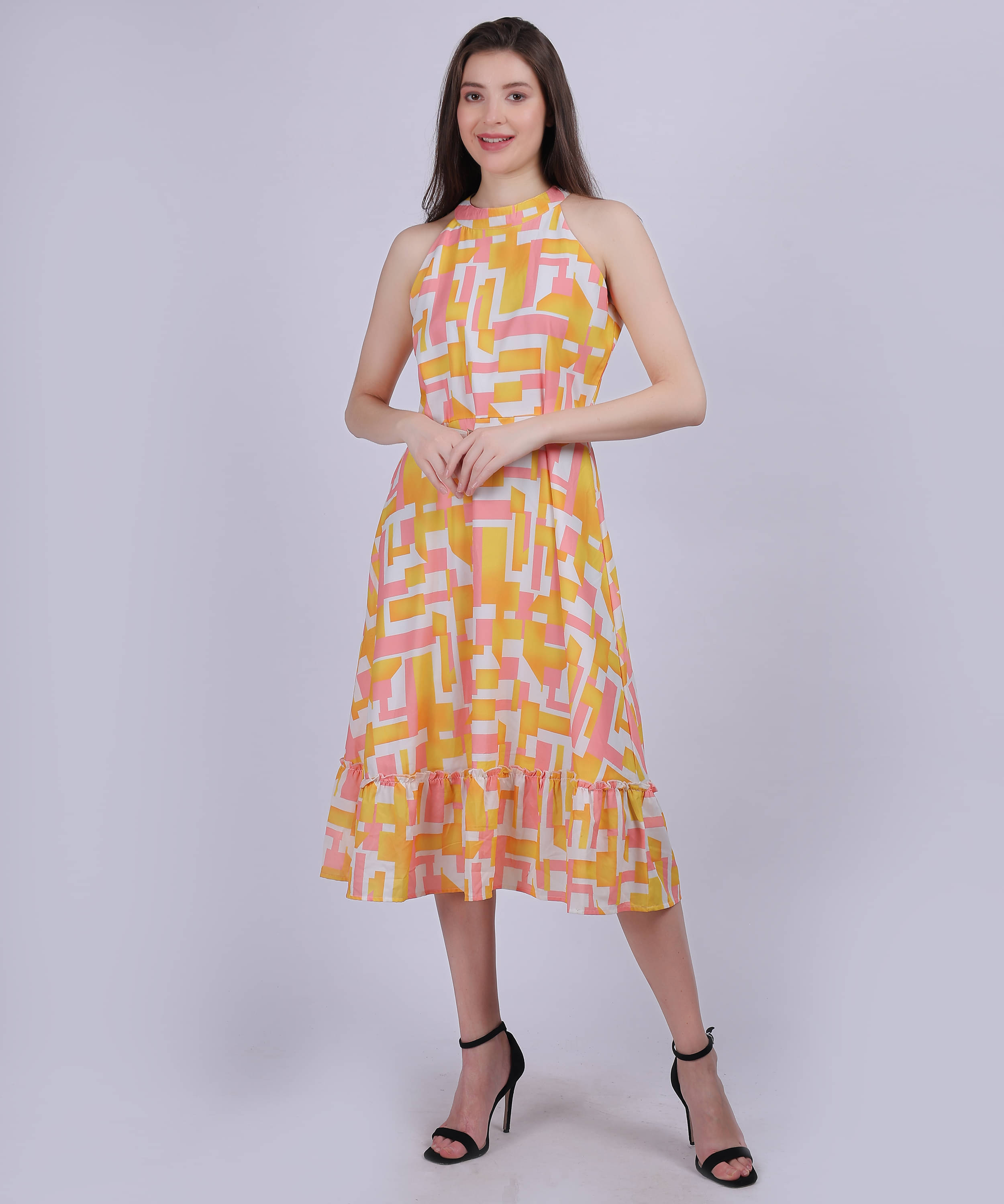 aumbe Women Polyester Printed Fit & Flare Dress ( Pink )     			aumbe Women Polyester Printed Fit & Flare Dress ( Pink )