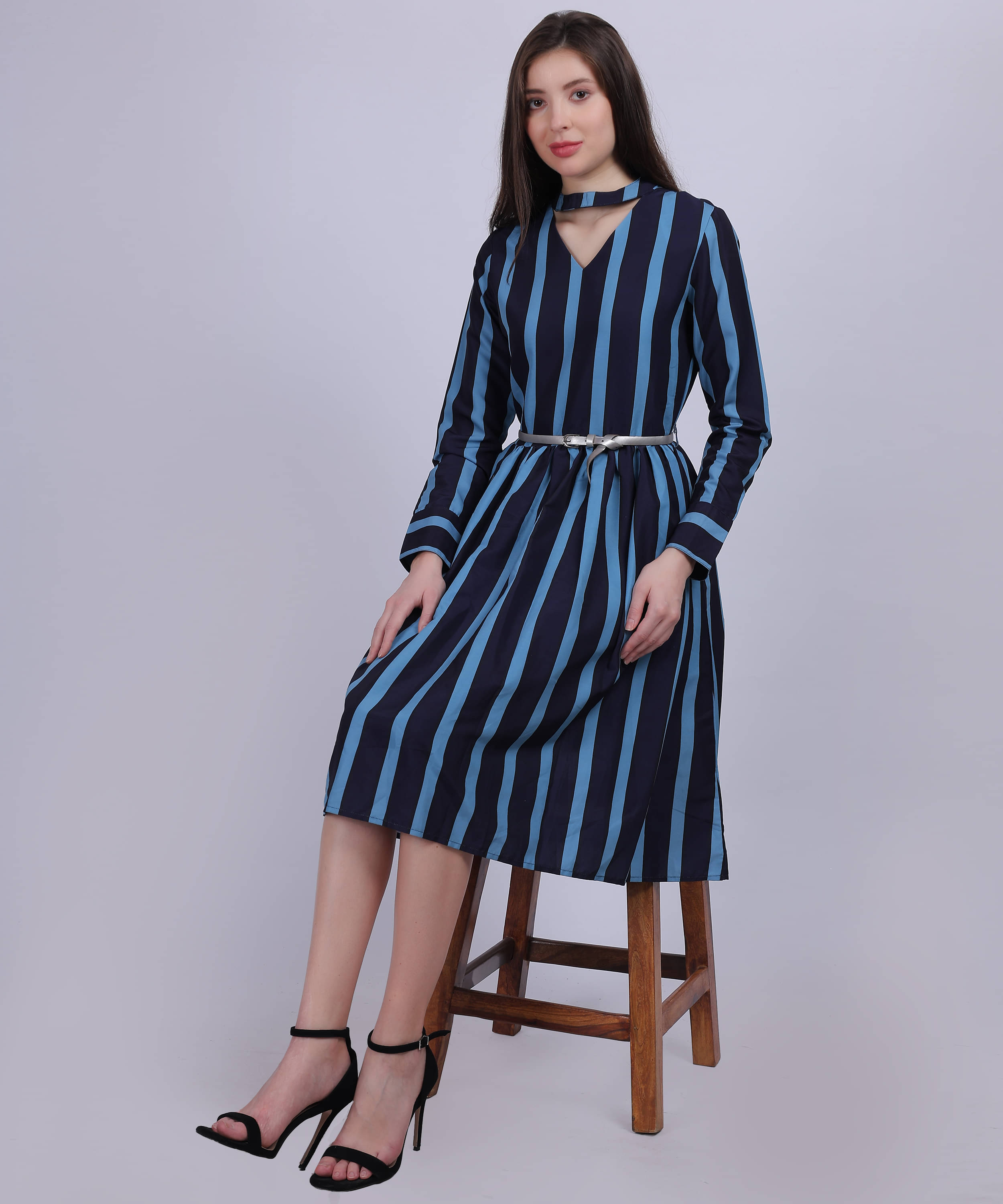     			aumbe Polyester Striped Knee Length Women's A-line Dress - Blue ( Pack of 1 )