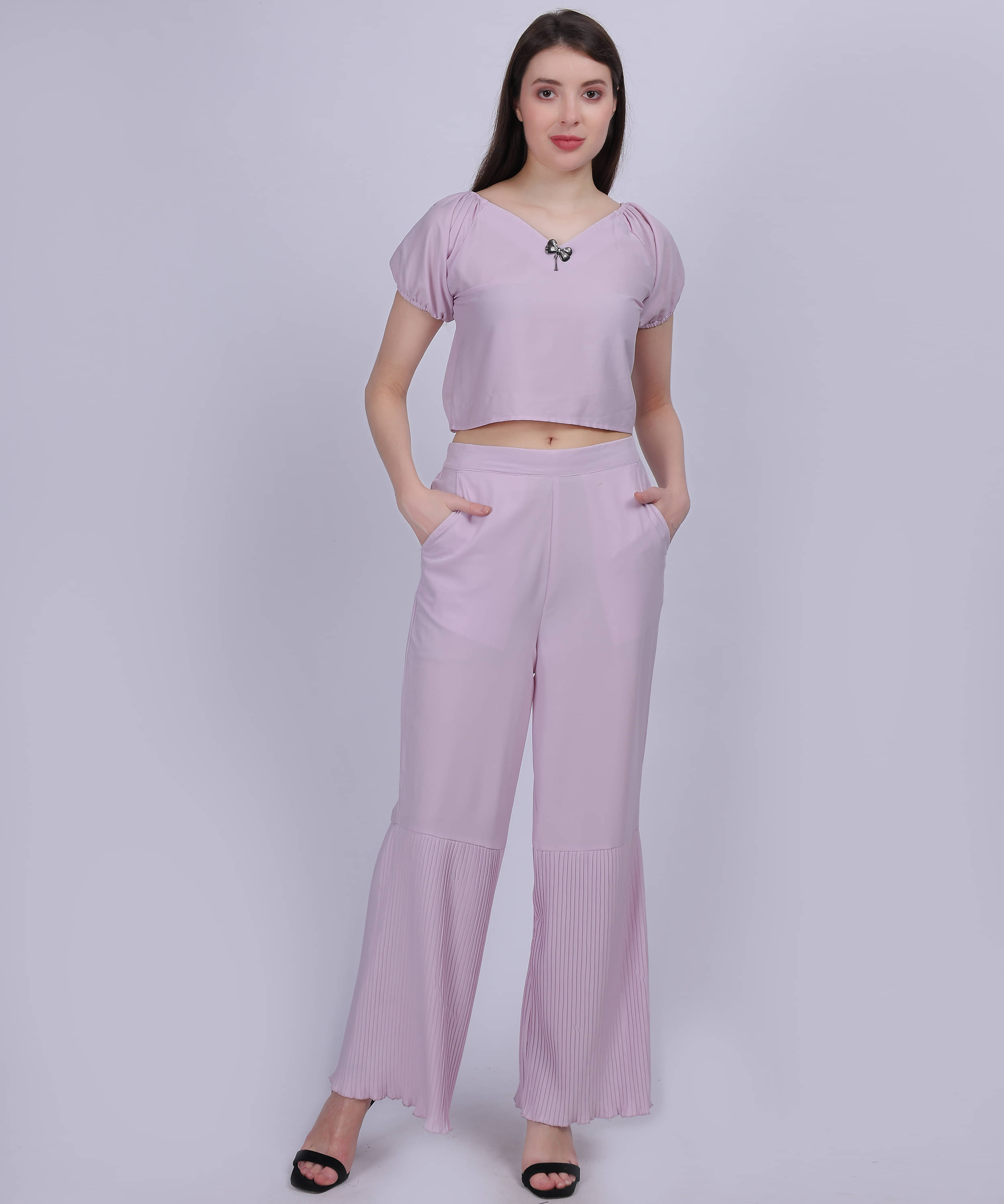     			aumbe Women Solid Top With Trousers Co-Ord Set ( Purple )
