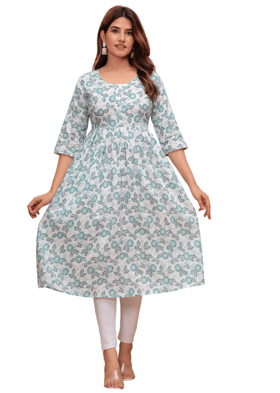 rixry Women Cotton Printed Fit & Flare Dress ( Green )     			rixry Women Cotton Printed Fit & Flare Dress ( Green )