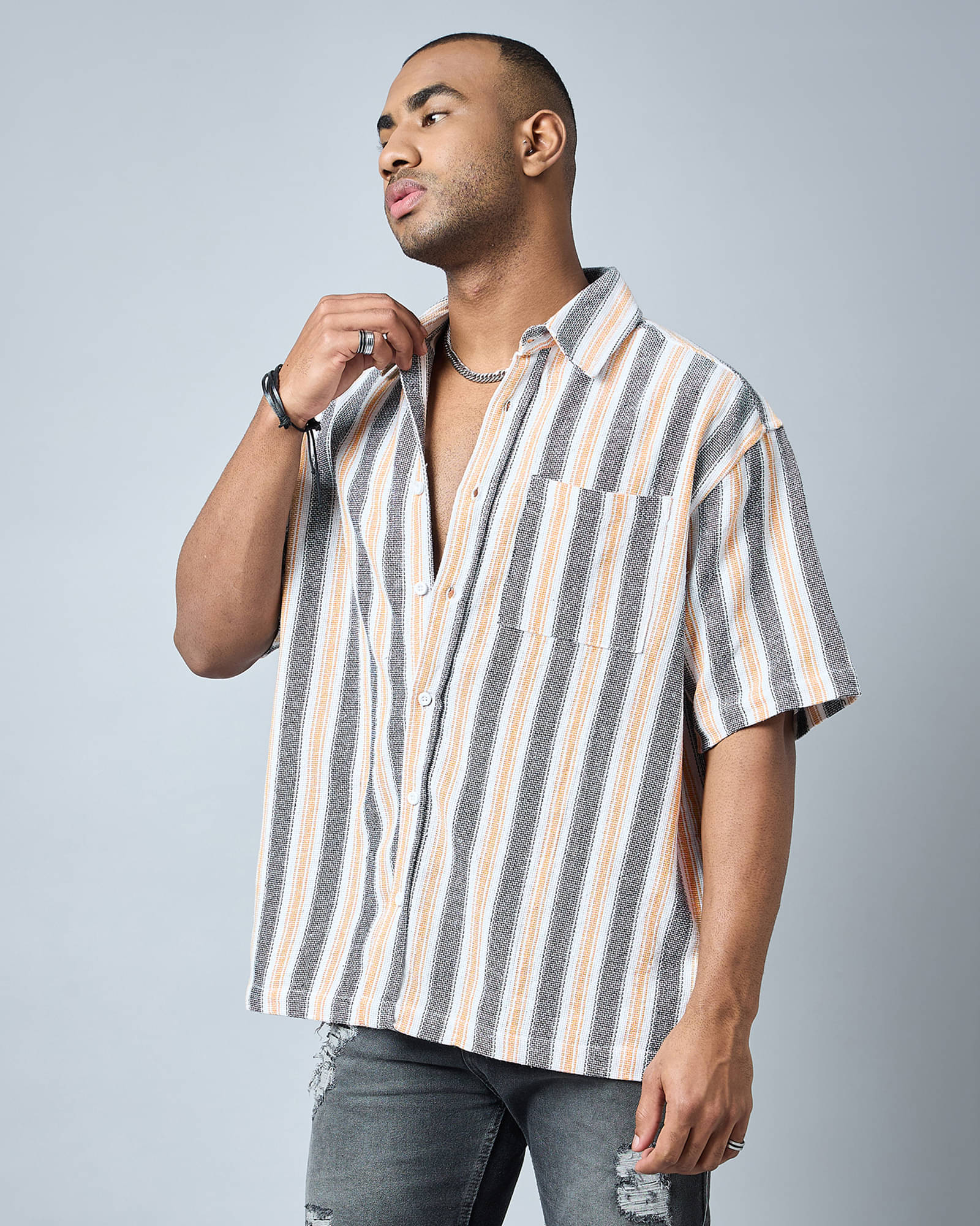     			Chimpaaanzee Cotton Blend Oversized Fit Striped Half Sleeves Men's Casual Shirt - Yellow ( Pack of 1 )