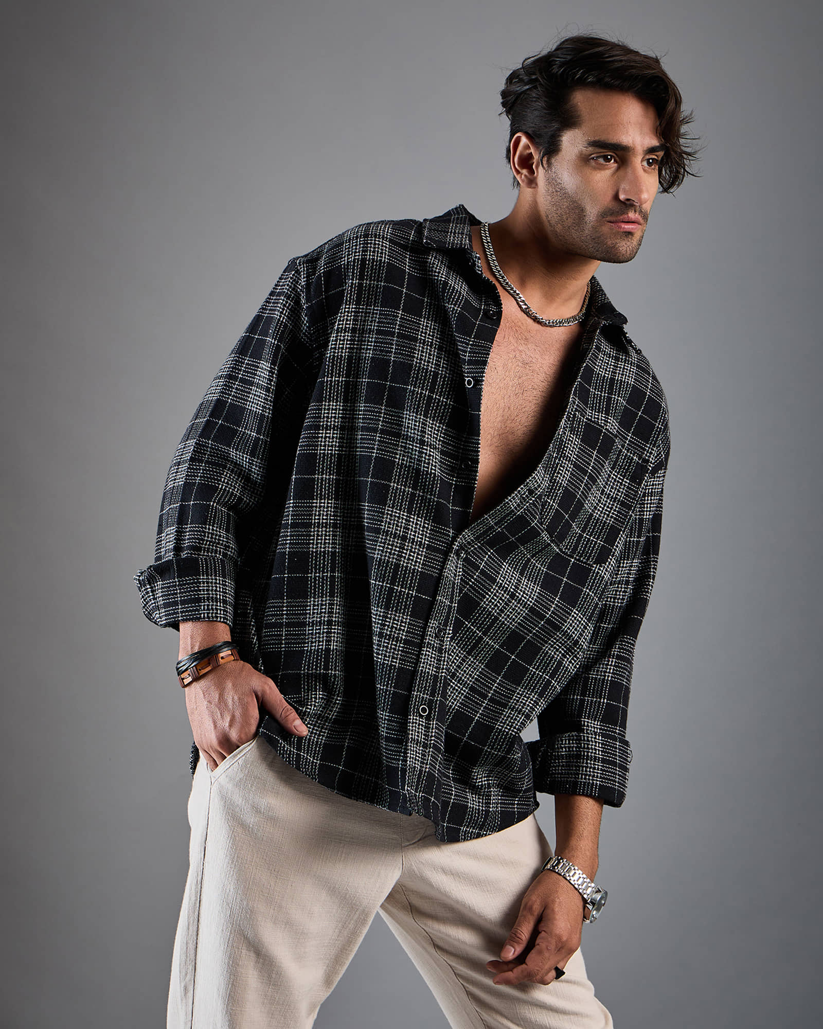 Chimpaaanzee Cotton Blend Oversized Fit Checks Full Sleeves Men's Casual Shirt - Black ( Pack of 1 )