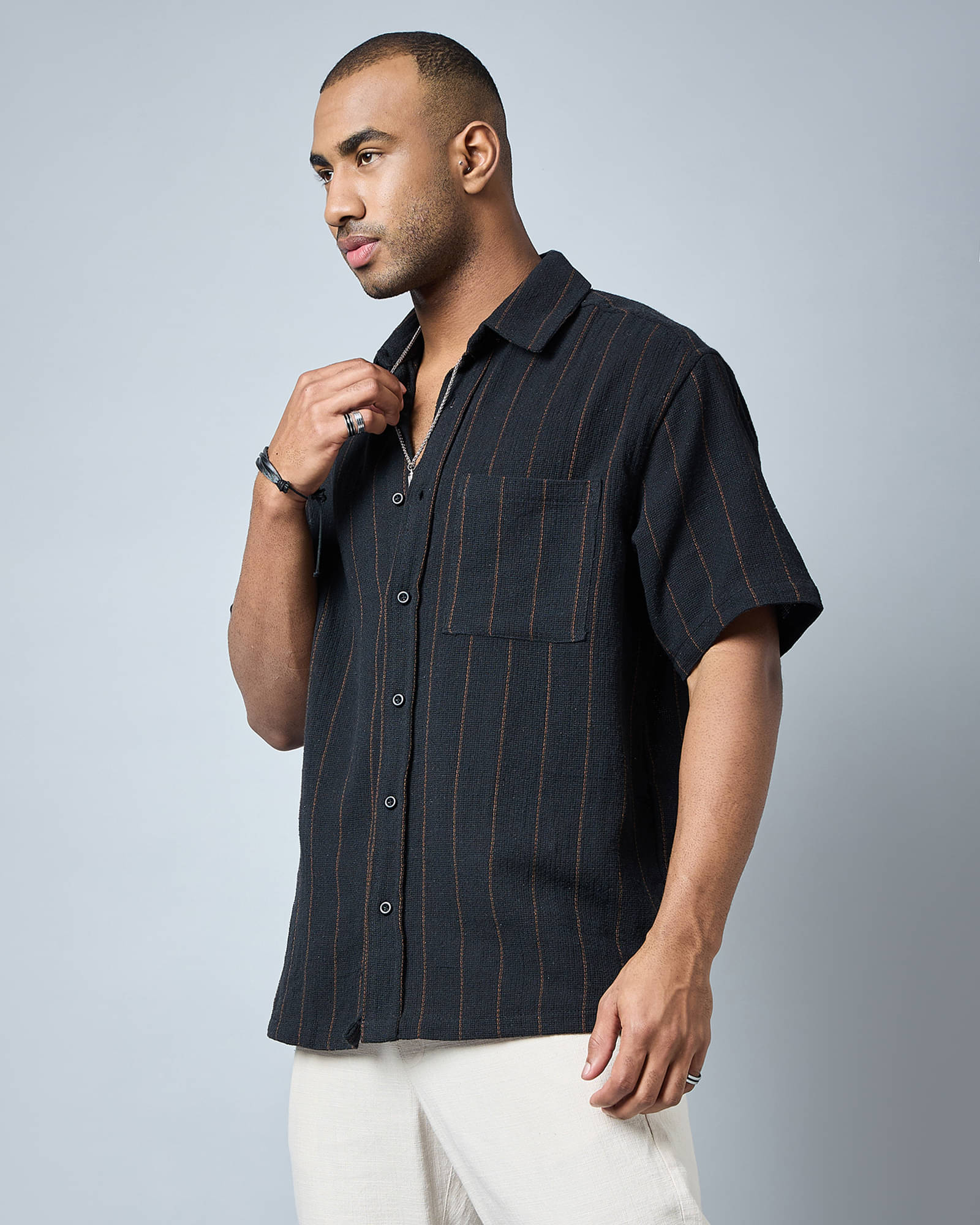 Chimpaaanzee Cotton Blend Oversized Fit Striped Half Sleeves Men's Casual Shirt - Black ( Pack of 1 ) Chimpaaanzee Cotton Blend Oversized Fit Striped Half Sleeves Men's Casual Shirt - Black ( Pack of 1 )