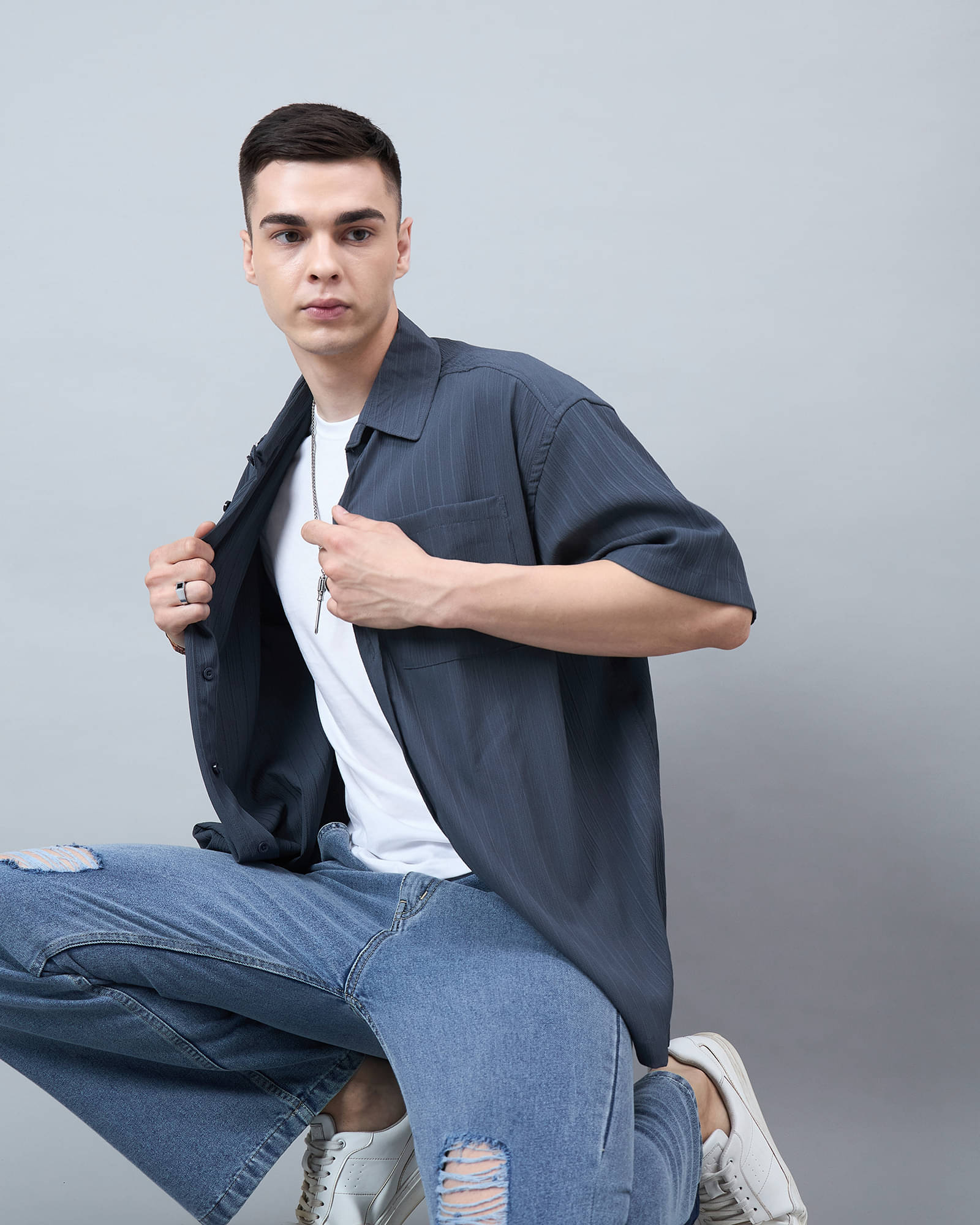 Chimpaaanzee Cotton Blend Oversized Fit Striped Half Sleeves Men's Casual Shirt - Grey ( Pack of 1 ) Chimpaaanzee Cotton Blend Oversized Fit Striped Half Sleeves Men's Casual Shirt - Grey ( Pack of 1 )