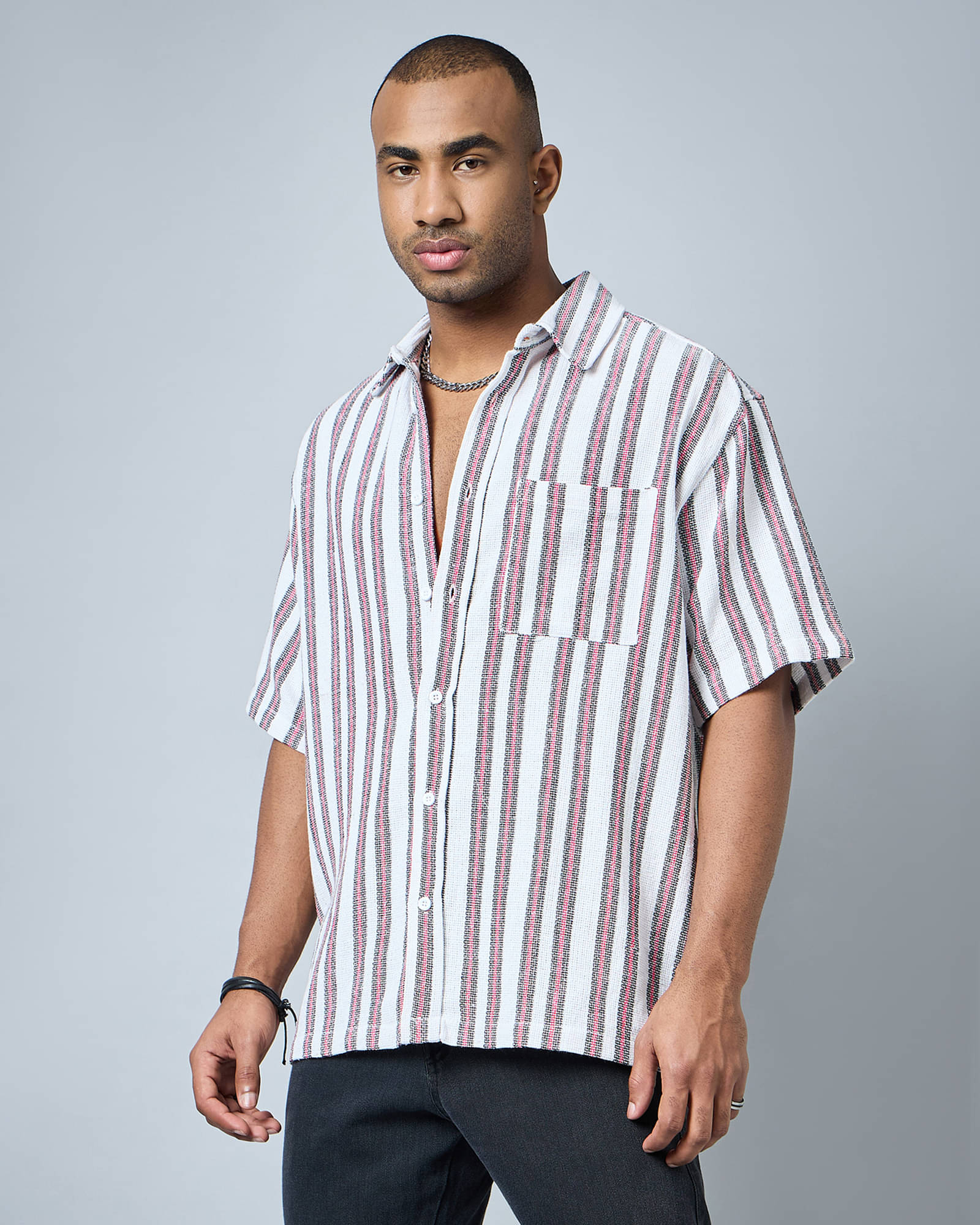 Chimpaaanzee Cotton Blend Oversized Fit Striped Half Sleeves Men's Casual Shirt - White ( Pack of 1 ) Chimpaaanzee Cotton Blend Oversized Fit Striped Half Sleeves Men's Casual Shirt - White ( Pack of 1 )