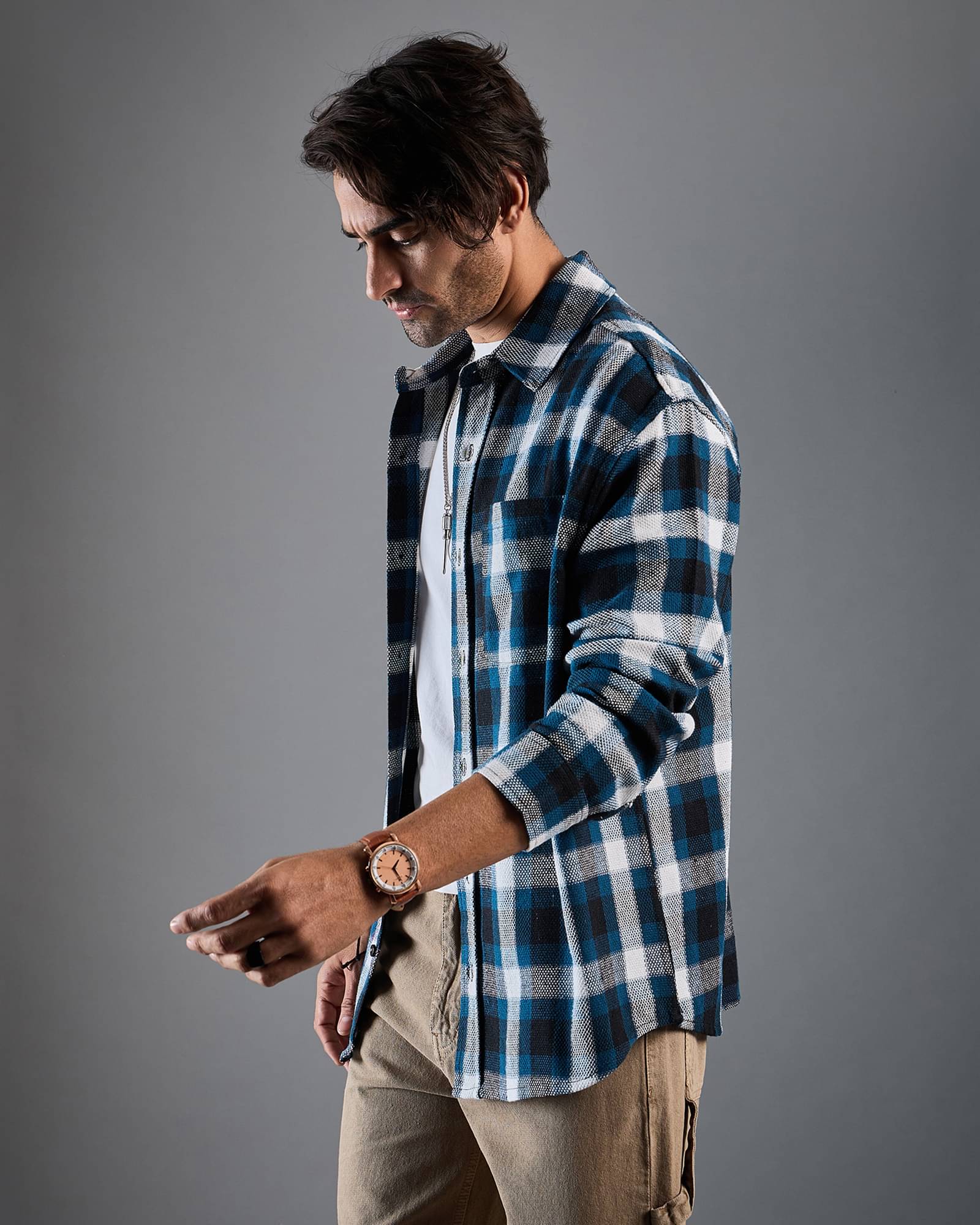 Chimpaaanzee Cotton Blend Oversized Fit Checks Full Sleeves Men's Casual Shirt - White ( Pack of 1 ) - Image 3