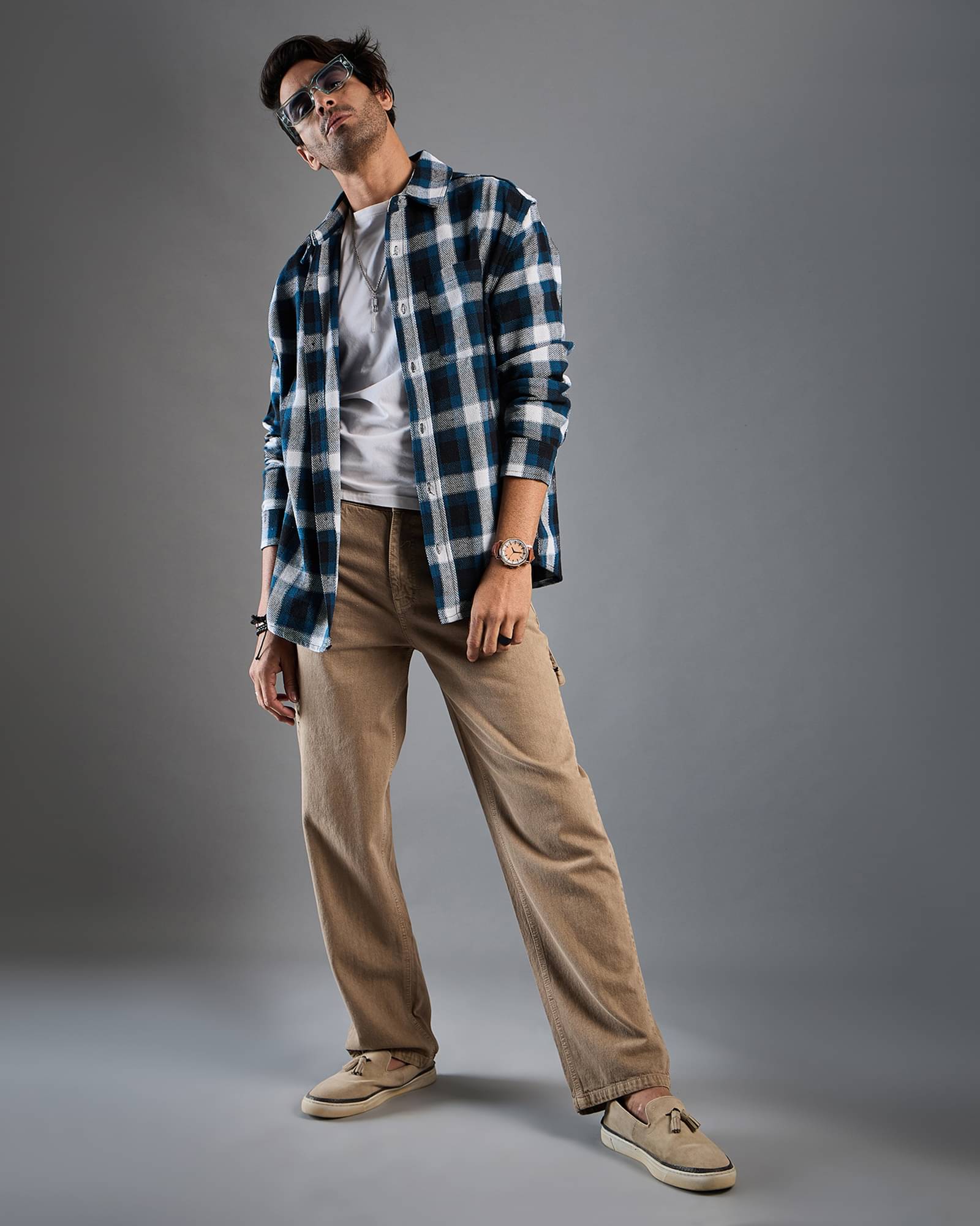 Chimpaaanzee Cotton Blend Oversized Fit Checks Full Sleeves Men's Casual Shirt - White ( Pack of 1 ) - Image 5