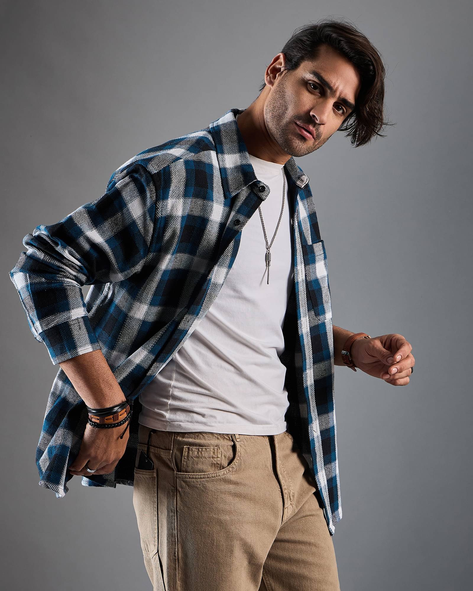 Chimpaaanzee Cotton Blend Oversized Fit Checks Full Sleeves Men's Casual Shirt - White ( Pack of 1 ) - Image 6